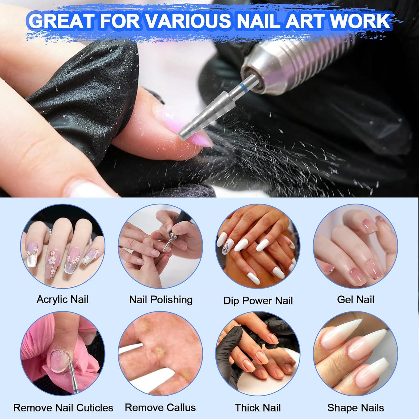 6 Pack Nail Drill Bits for Acrylic Nails, Diamond Carbide Nail Clipper Heads with Diamond Spiral Grooves, 3/32 Inch Cutter Attachment for Nail Preparation, Cuticle and Dead Skin Removal-Blue