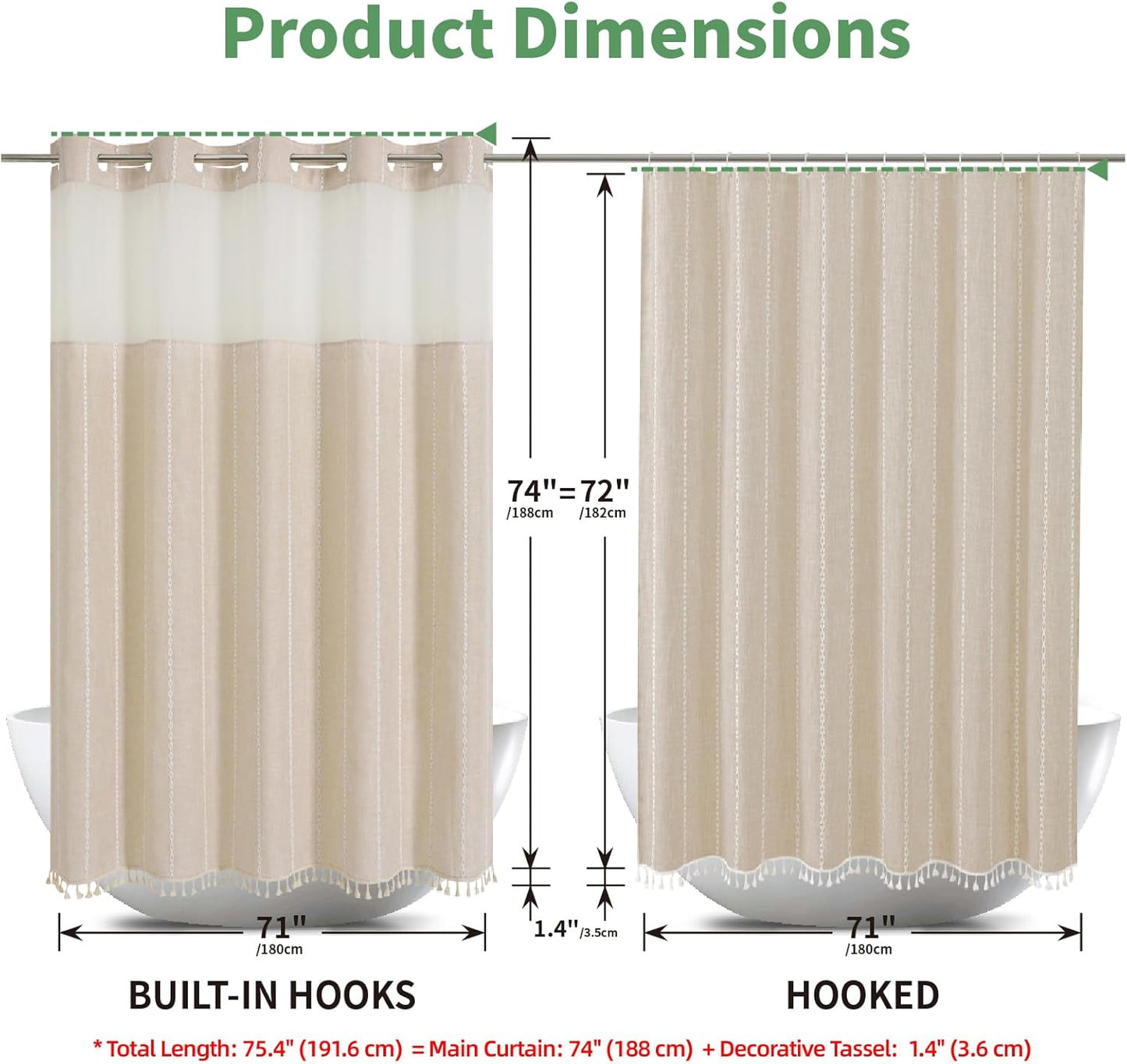 Boho Farmhouse No Hook Shower Curtain Set with Snap-In Fabric Liner,Heavy-Duty Linen Textured Rustic Striped Design,Water-Repellent with Tassels and Sheer Window,Cream/Beige,71X74