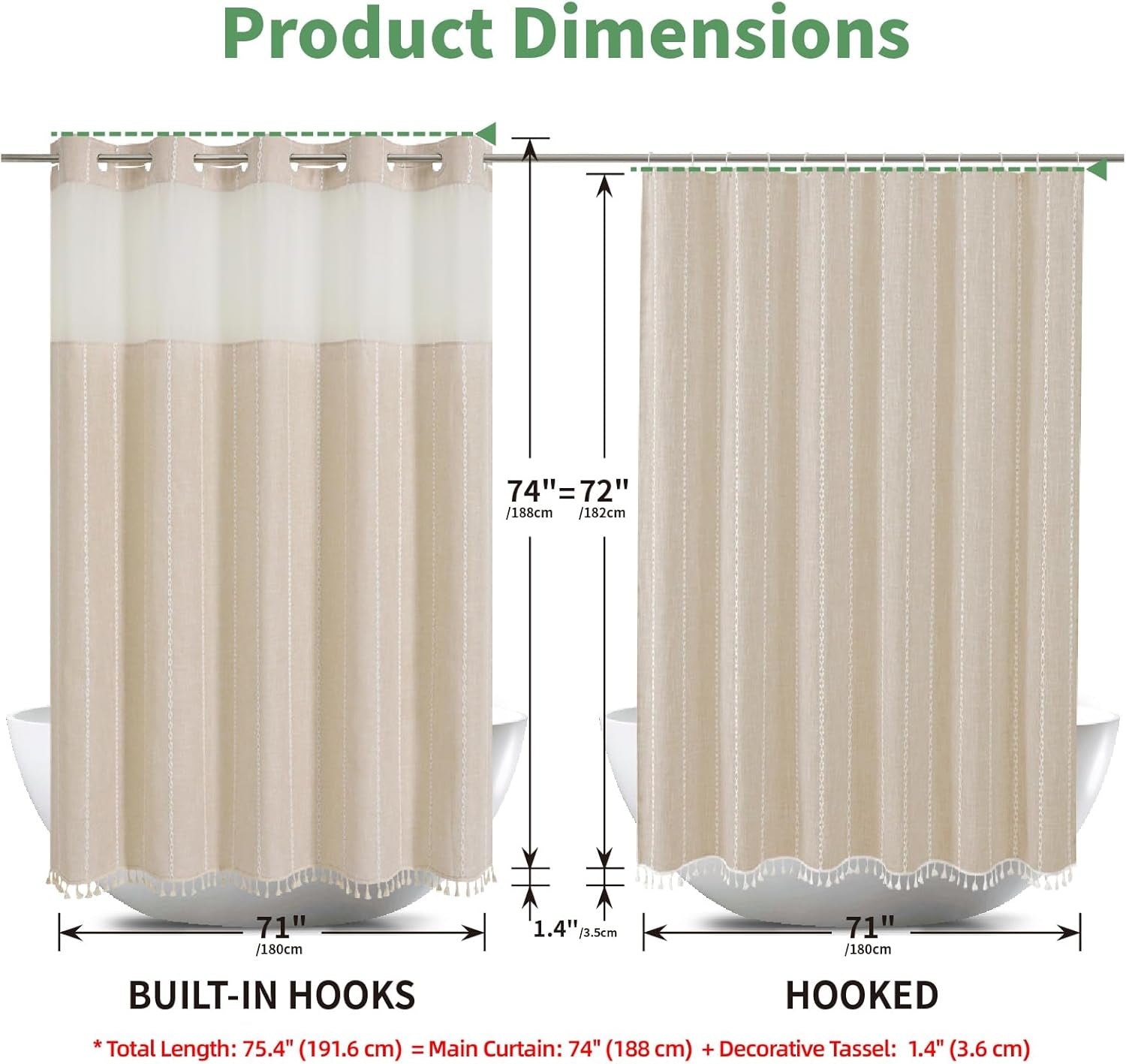Boho Farmhouse No Hook Shower Curtain Set with Snap-In Fabric Liner,Heavy-Duty Linen Textured Rustic Striped Design,Water-Repellent with Tassels and Sheer Window,Cream/Beige,71X74
