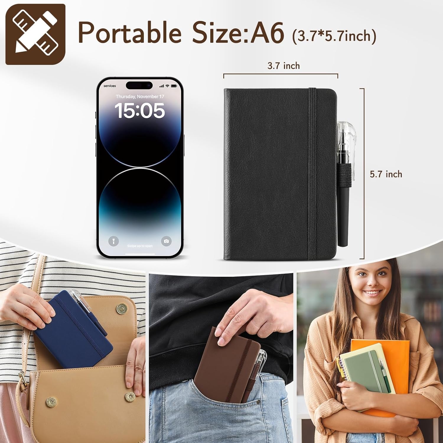 4 Pack Small Notebook Pocket Notebook, A6 Mini Leather Hardcover Journal, 3.7" X 5.7", 416 Pages Note Pads, Black, Green, Brown, Blue