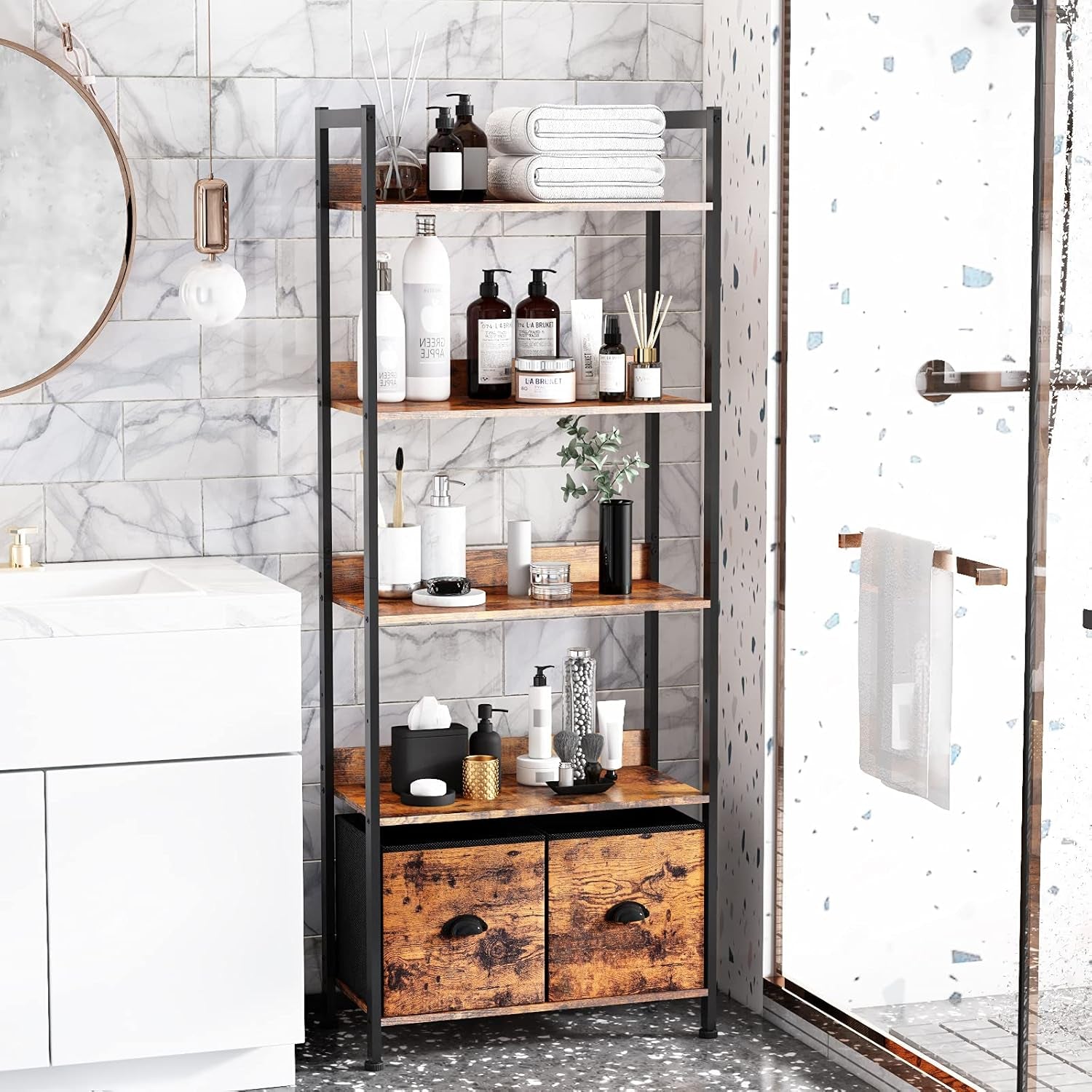 5-Tier Bookshelf, Tall Bookcase with 2 Storage Drawers, Industrial Display Standing Shelf Units, Wood and Metal Storage Shelf for Living Room, Bedroom, Home Office, Rustic Brown