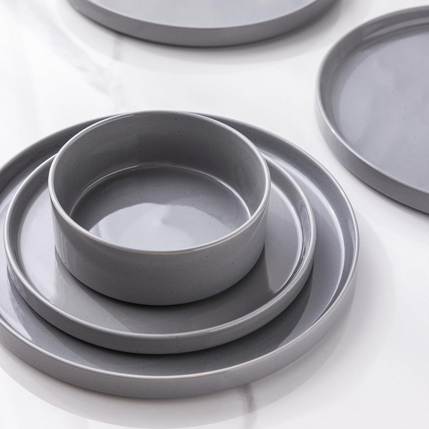 12-Piece Speckled Dinnerware Set for 4, Chip and Scratch Resistant Stoneware Plates and Bowls with Glazed Bottom, Dishwasher and Microwave Safe (Limestone)