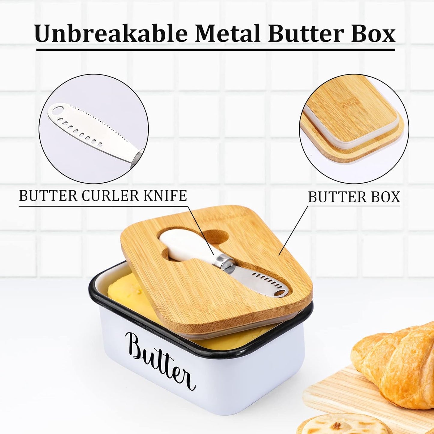Butter Dish with Lid and Butter Curler Knife - Unbreakable Stainless Steel Keeper Container with Double Silicone Sealing, for Kitchen Farmhouse Decor