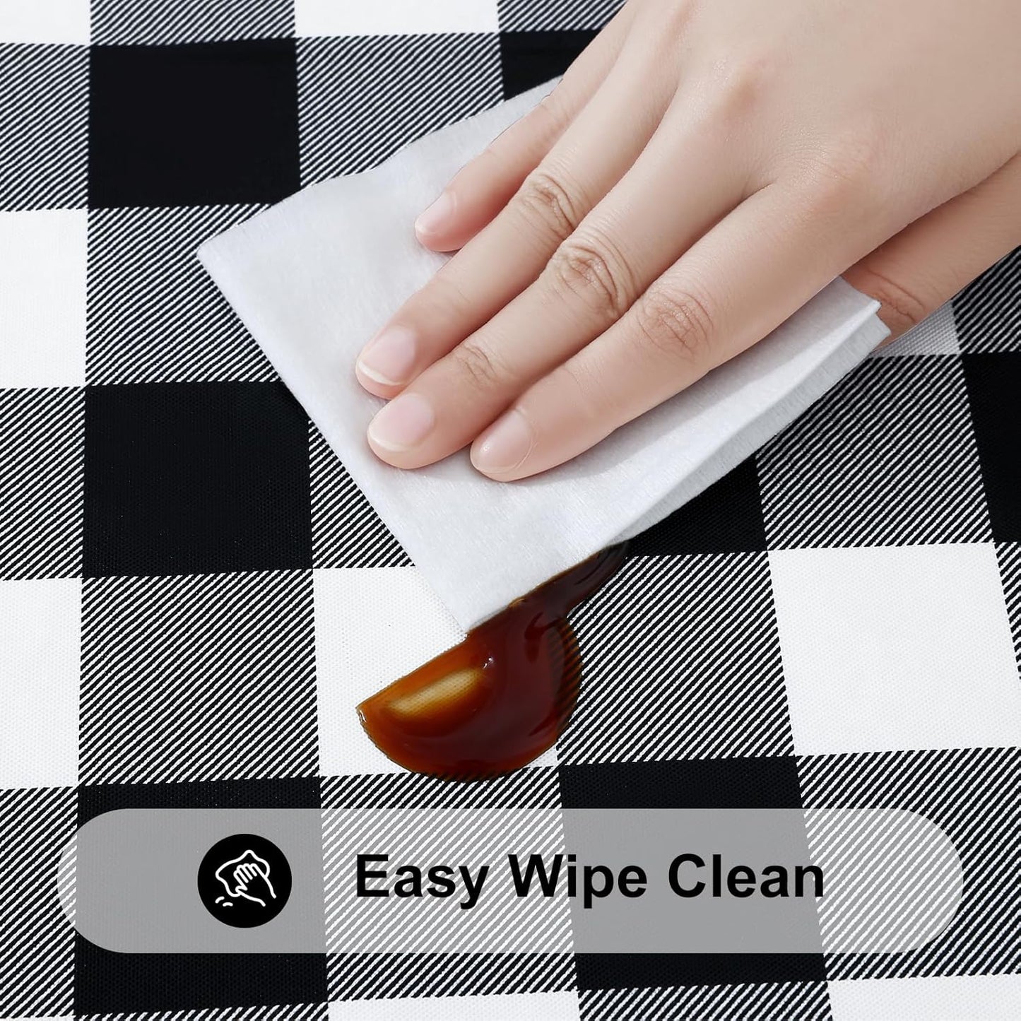 round Picnic Tablecloth, Elastic Waterproof Fitted Vinyl Tablecloths for 36"-44" Tables, Flannel Backed Buffalo Plaid Table Cover for Dining, Camping, Outdoor, Black and White