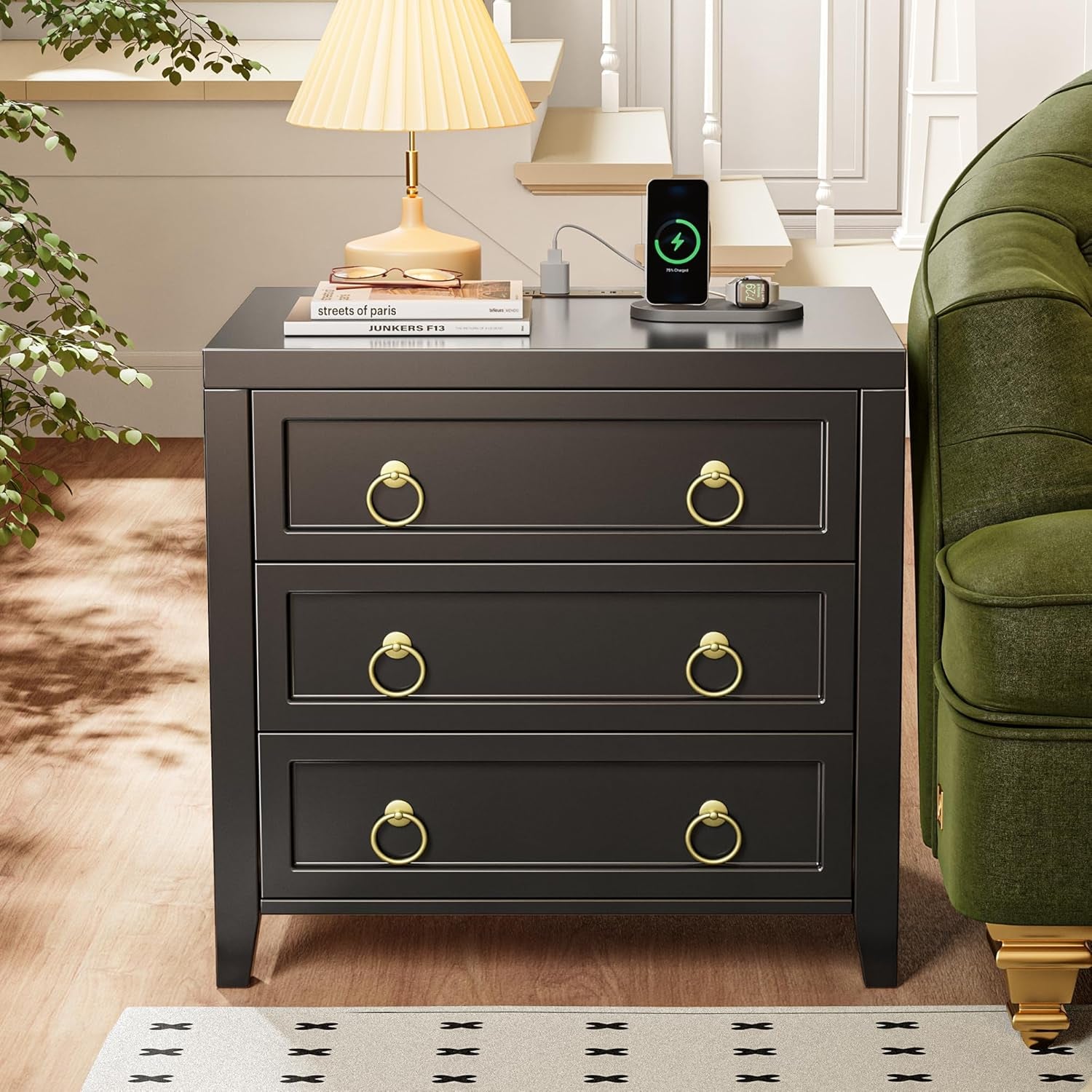 23.6-Inch Modern Nightstand with Charging Station and USB-C Port, Three Drawer Bedside Table, Black Finish