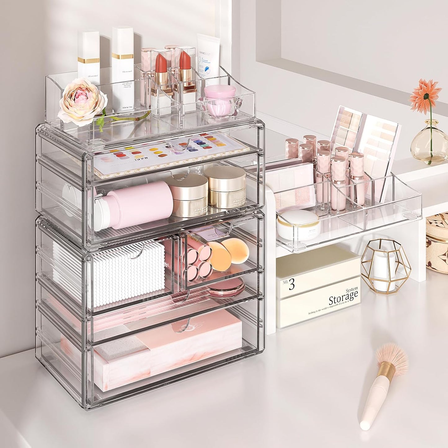 4-Tier Clear Makeup Organizer with Drawer, Acrylic Cosmetic Display Case for Makeup Vanity Bathroom Counter Organizers and Storage, Stackable Vanity Organizer for Brushes Lipsticks Skincare