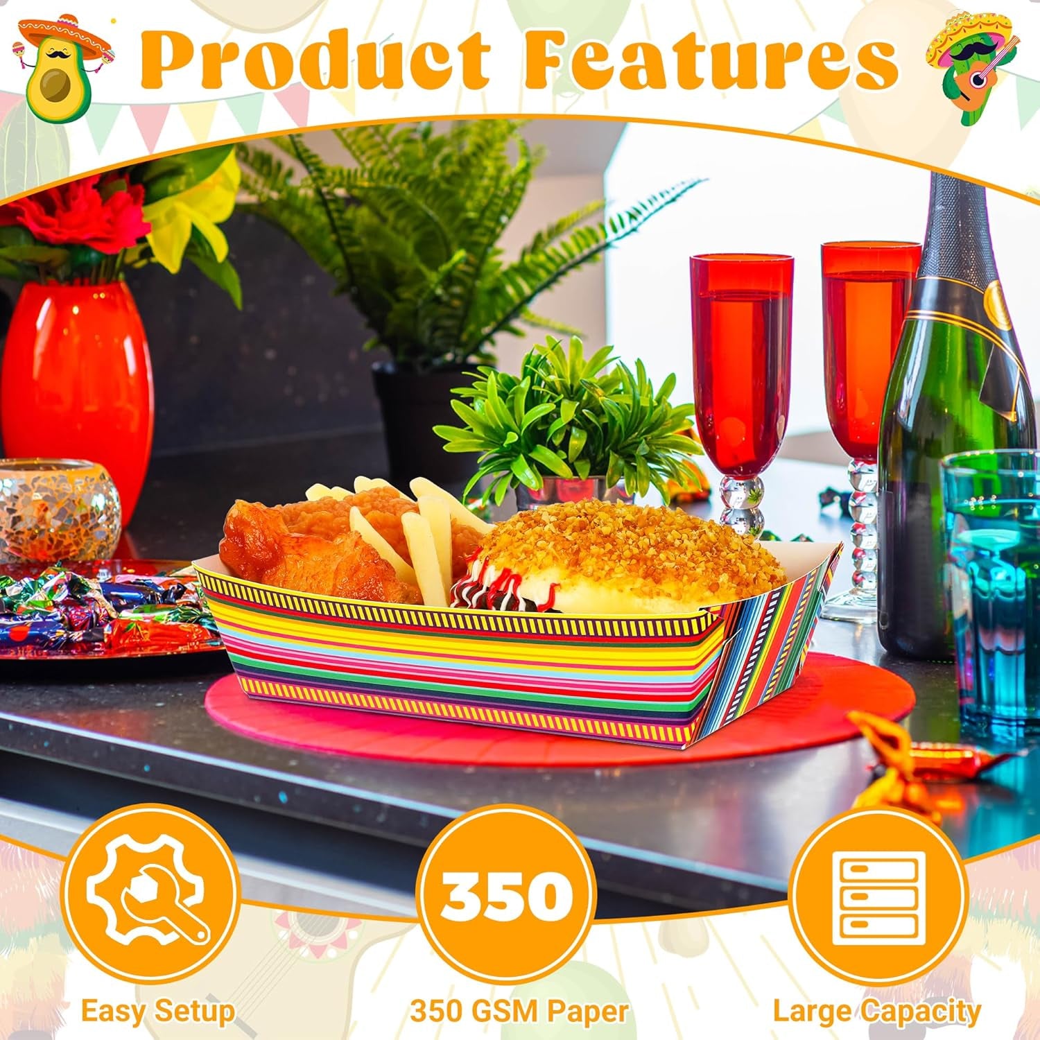 50 PCS Cinco De Mayo Decorations, Large Capacity Fiesta Plates, Serape Pattern Cinco De Mayo Paper Trays Mexican Food Trays Fiesta Hot Dog Trays, Disposable Mexican Theme Party Decorations