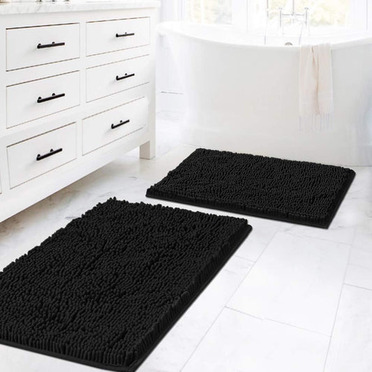Black Bathroom Rug Set 2 Piece, Bath Mats for Bathroom Floor, Super Thick Soft Shaggy Chenille Bath Mats Machine Washable, Dry Fast Water Absorbent Bath Mats(20" X 32"/17" X 24")