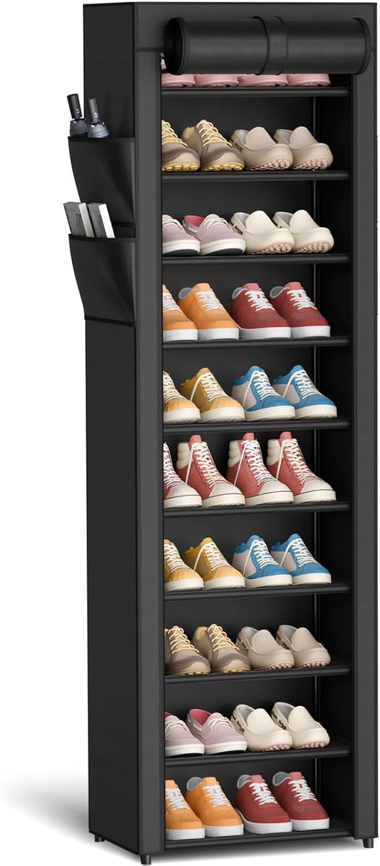 Shoe Rack - 10-Tier Large Capacity Shoe Organizer Shelf with Dust Cover & Side Pockets, Rust-Proof Metal Shoe Rack for Closet, Entrance, Living Room, 17.5" X 12.4" X 69.3", Black