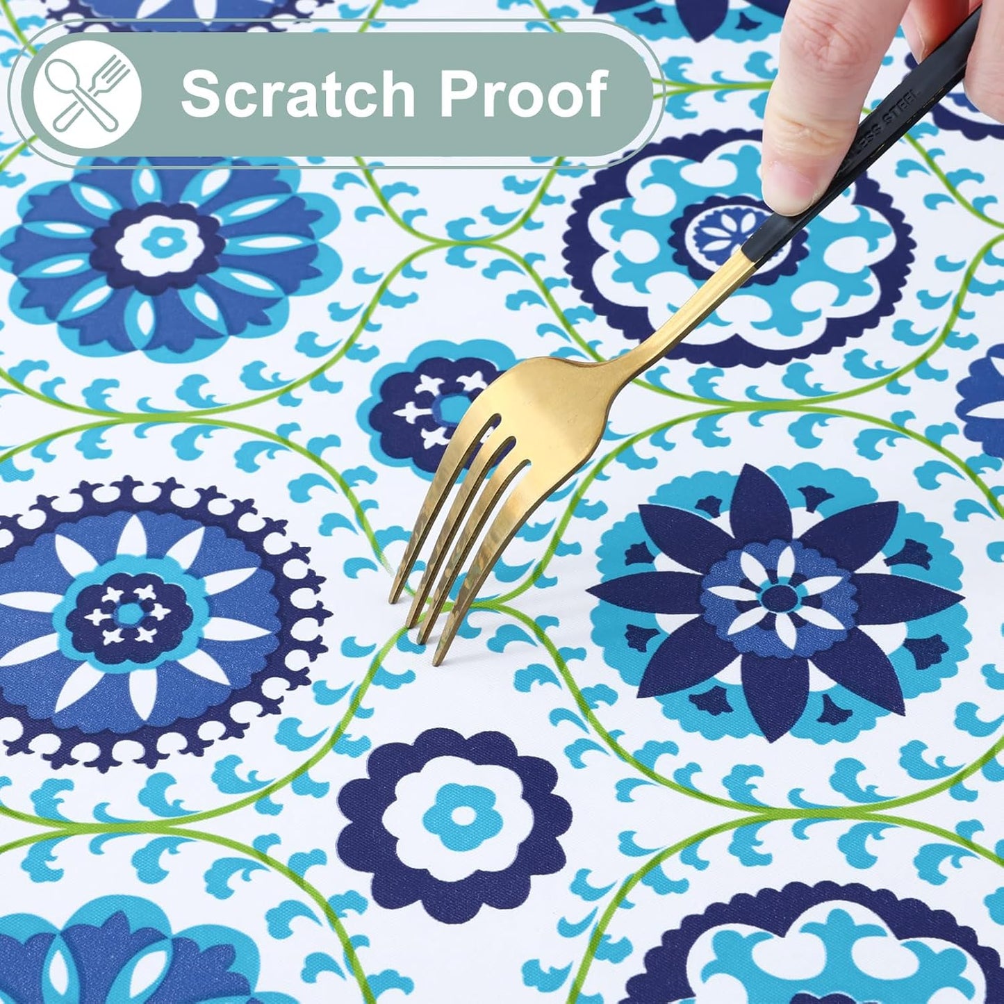 Rectangle Waterproof Vinyl Table Cloth, Wipeable Tablecloth with Flannel Backing, Plastic Table Cover for Dinner, Picnic, Indoor and Outdoor (Navy Mandala, 60" X 84")