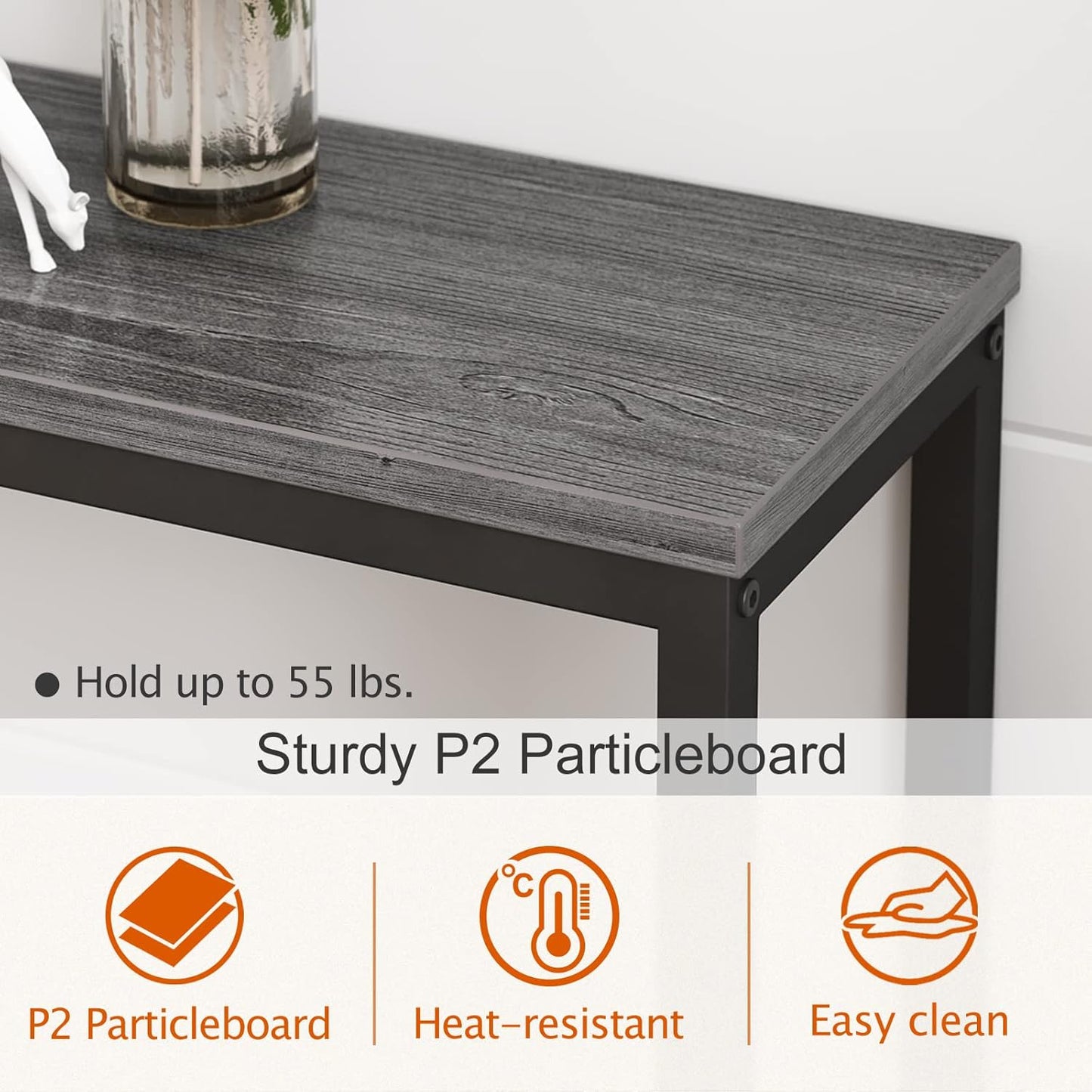 70-Inch Console Table with Built-In Charging Station, Narrow Entryway Hall Table in Charcoal Gray for Living Room Use