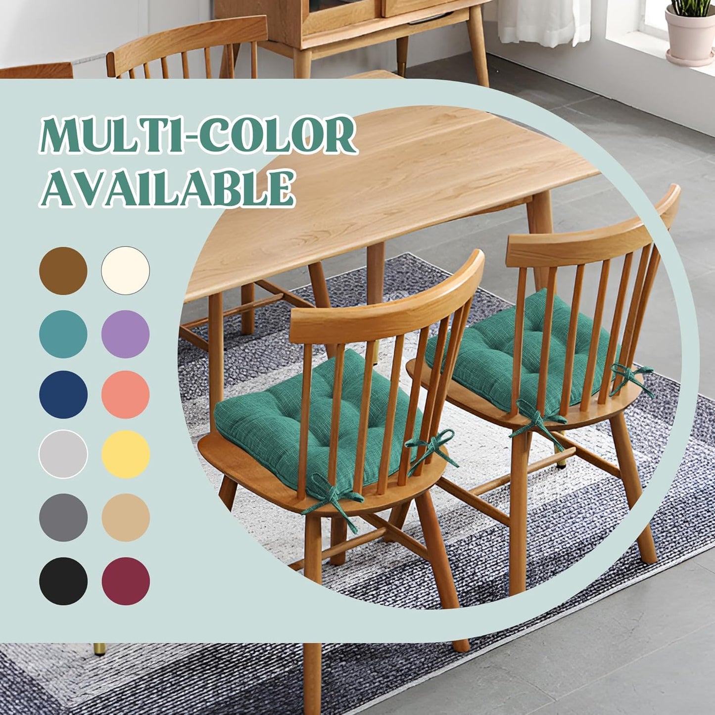 ® Chair Cushions for Dining Chairs, Tufted Memory Foam Chair Pads with Non-Slip Backing, Kitchen Seat Cushions with Ties, Washable Seat Pad Set of 4, 15.5" X 15.5" X 4", Green