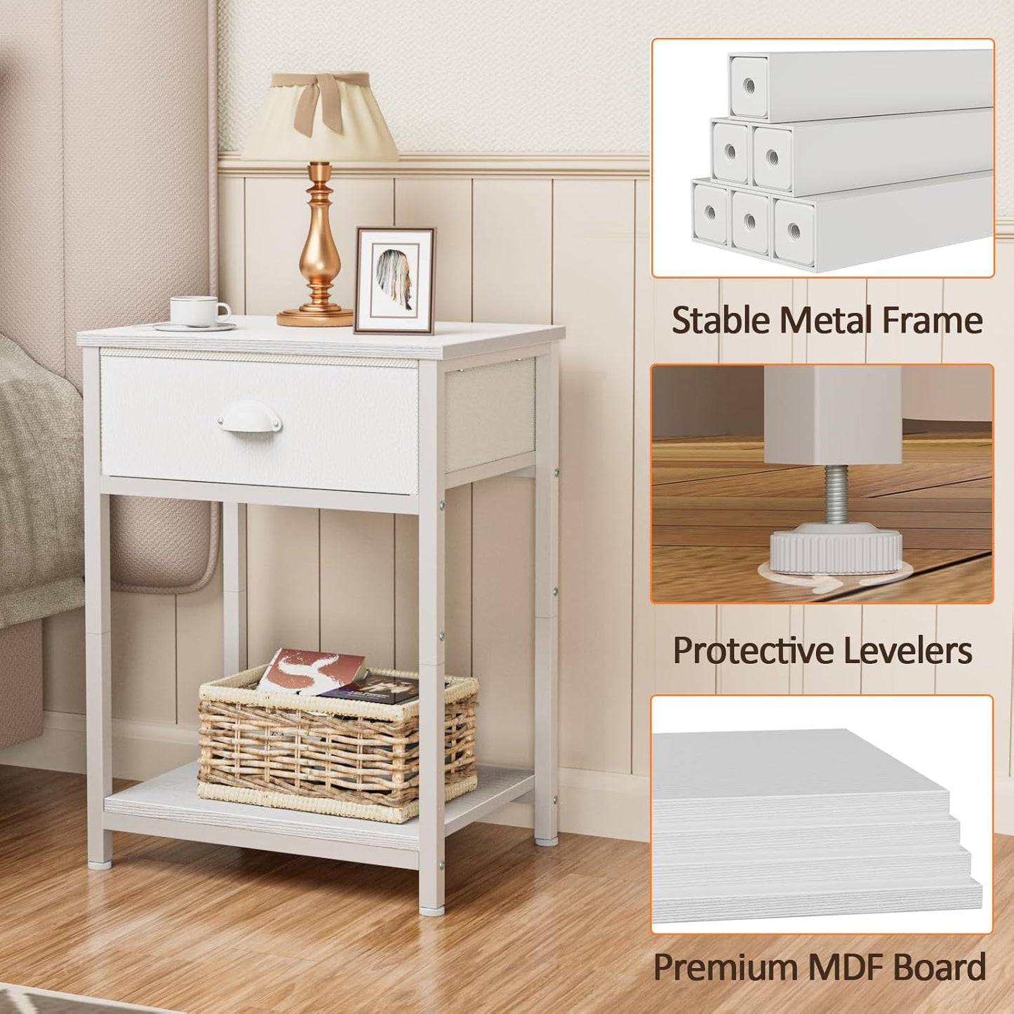 White Nightstand with Fabric Drawer, Small Side Table for Small Spaces, 2 Tiers Storage Shelves End Table, Night Stand for Living Room, Bedroom, Dorm