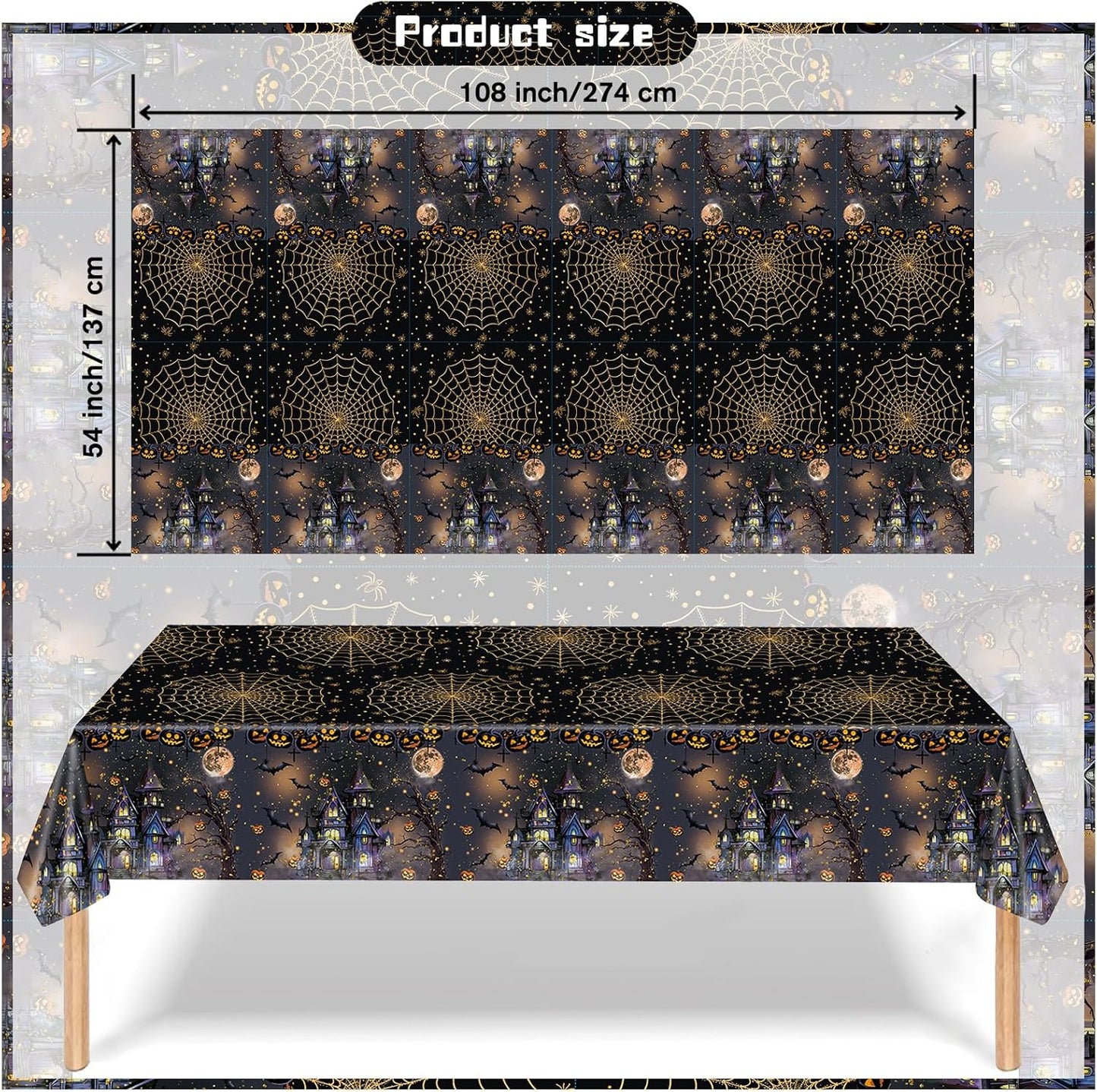 3 Packs Black Halloween Tablecloth 54 X 108 Inches Scary Castle Ghost Pumpkin Table Cloth Disposable Waterproof Plastic Bat Gold Spider Web Table Cover Trick or Treat for Halloween Party Dining