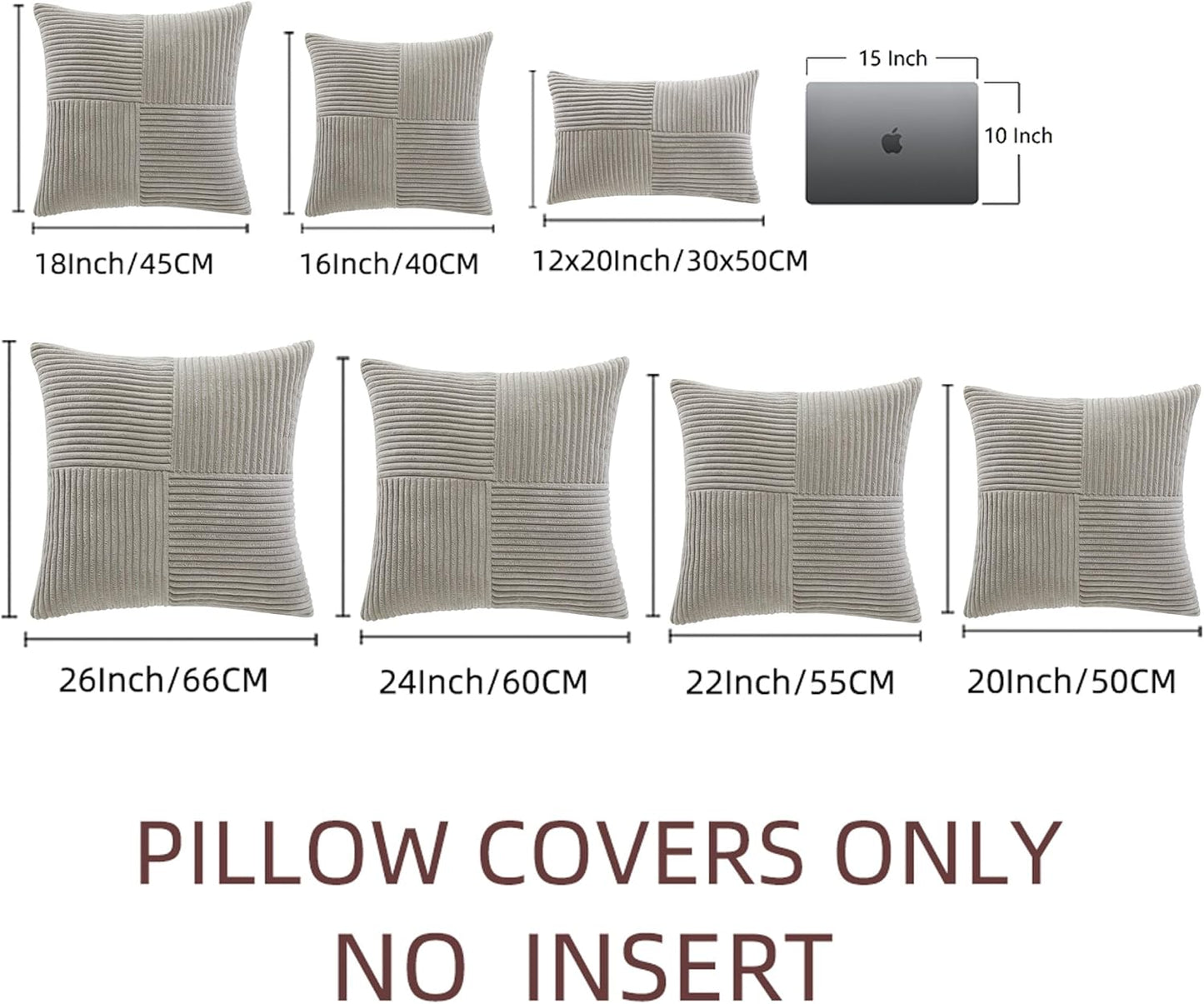 2 Packs Neutral Grey Decorative Throw Pillow Covers 18X18 Inch for Living Room Couch Sofa, Rustic Farmhouse Boho Home Decor, Soft Corss Corduroy Patchwork Textured Square Cushion Case 45Cm