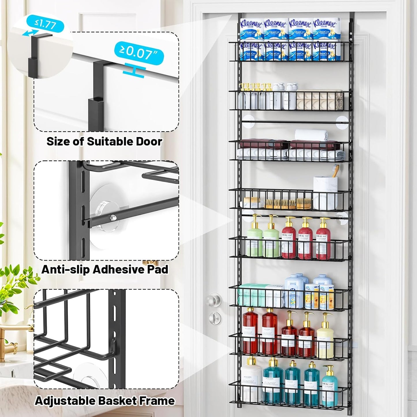 8-Tier Pantry Door Oragnizer, over the Door Pantry Organizer Rack and Storage, Hanging Spice Rack Shelves Door, Home Office Laundry Room Bathroom & Kitchen Organization Essentials Metal