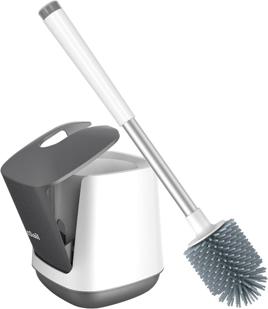 Silicone Toilet Bowl Brush and Holder Automatic Toilet Brushes for Bathroom with Holder Ventilated Toilet Cleaner Brush for Toilet Scrubber Cleaning, White & Grey