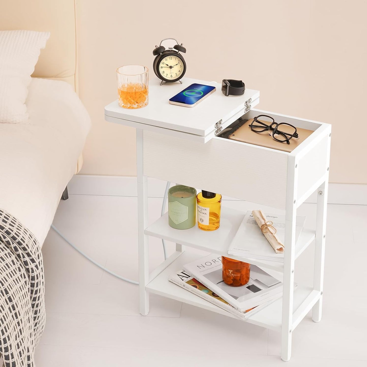 End Table with Charging Station, Flip Top Side Table with USB Ports and Outlets, Sofa Couch Table Bedside Table for Living Room Bedroom, Narrow Nightstand with Storage Shelves for Small Spaces