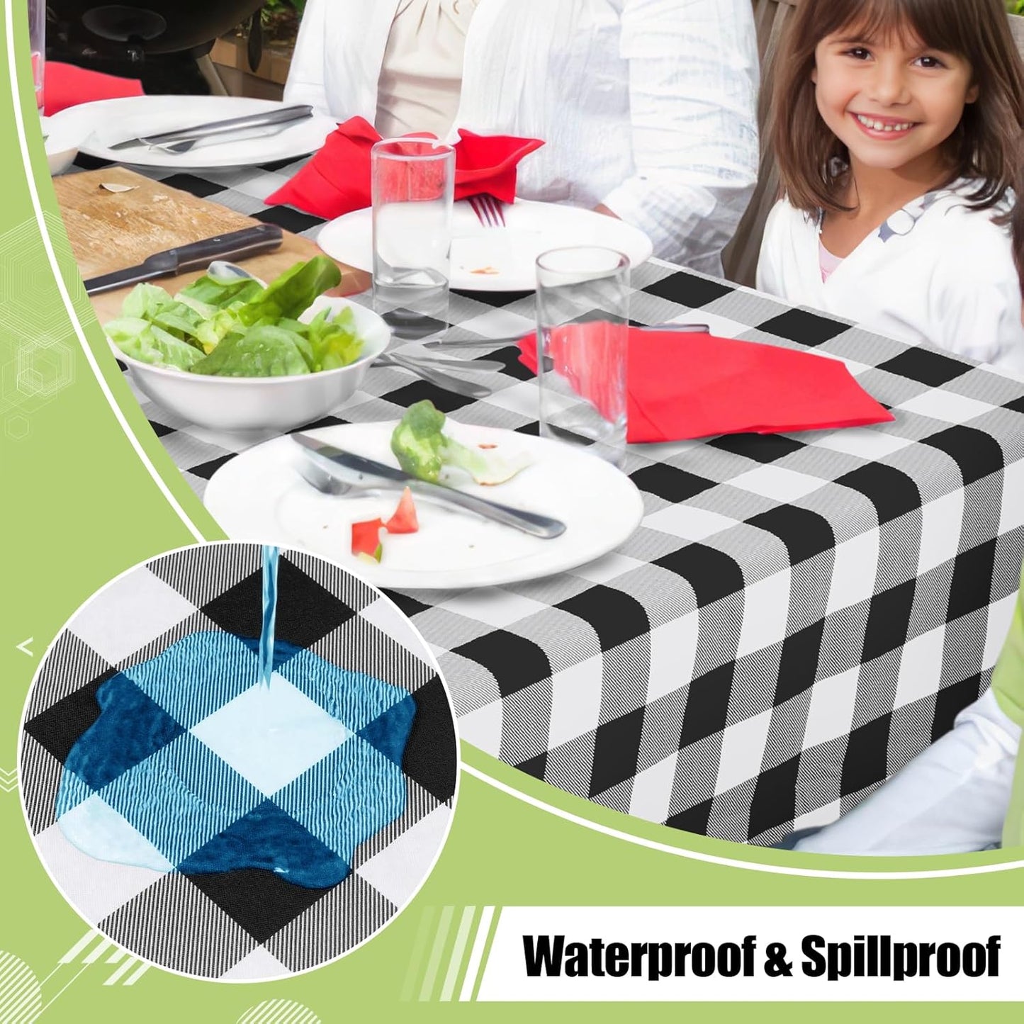 Rectangular Waterproof Vinyl Tablecloth with Flannel Backing, Wipeable Buffalo Plaid Design for Indoor and Outdoor Dining (Black & White, 60" x 84")