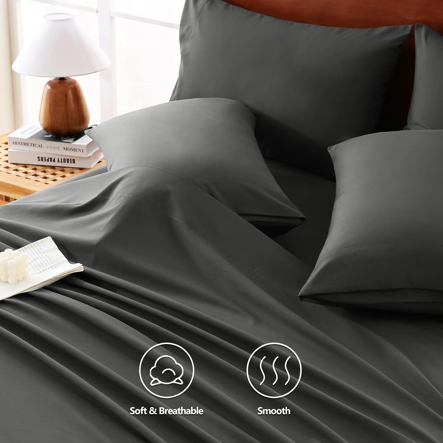 Extra Deep Pocket King Sheets - 6 Piece Sheet Set - Fits up to 21 Inches Thick Mattresses - Luxury Bedding Set - Breathable Bed Sheets & Pillowcases - Easy & Secure Fit - Dark Grey, King Size