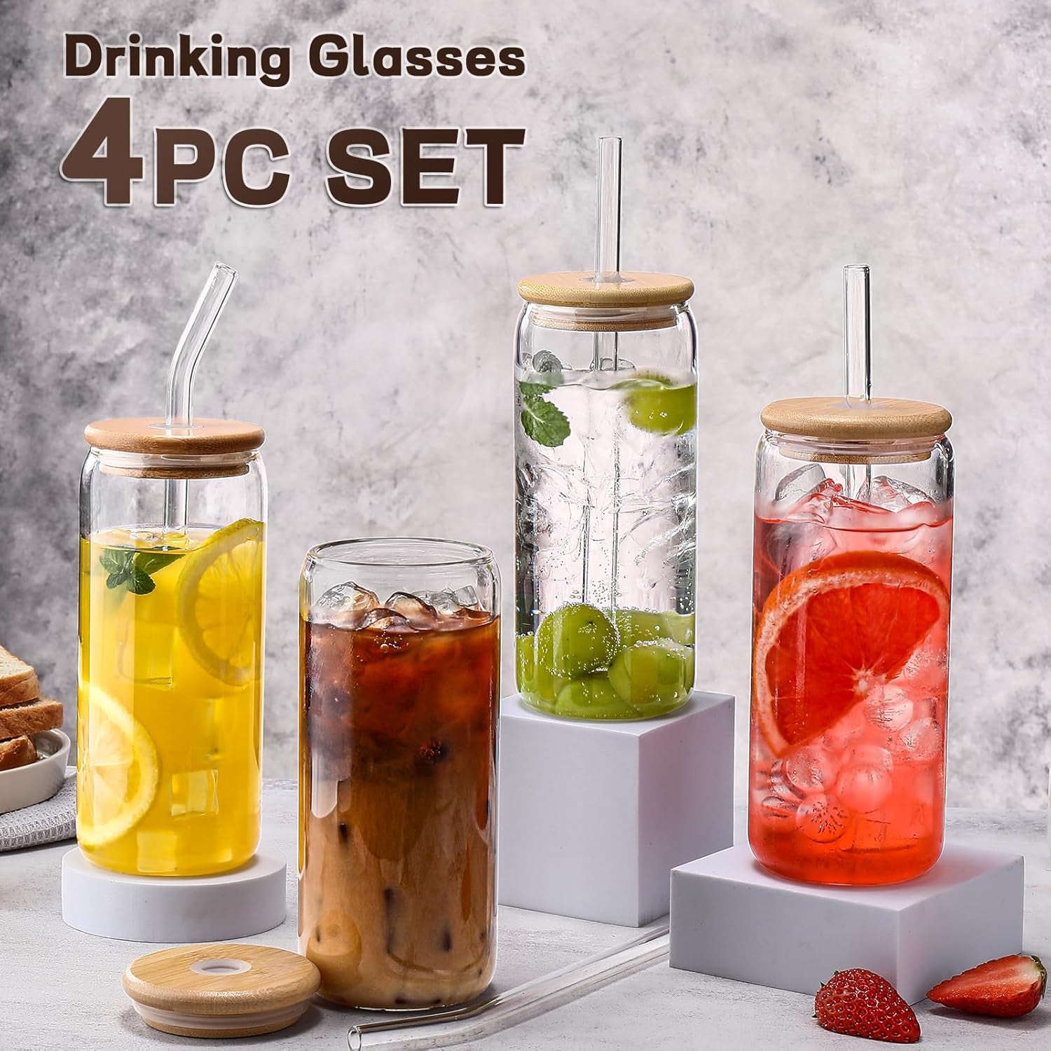 Glass Cups “20Oz”,Glass Cups with Lids and Straws 4 Pcs-Coffee Cups,Drinking Glasses Set,Glass Tumbler with Straw and Lid Gift 2 Cleaning Brushes