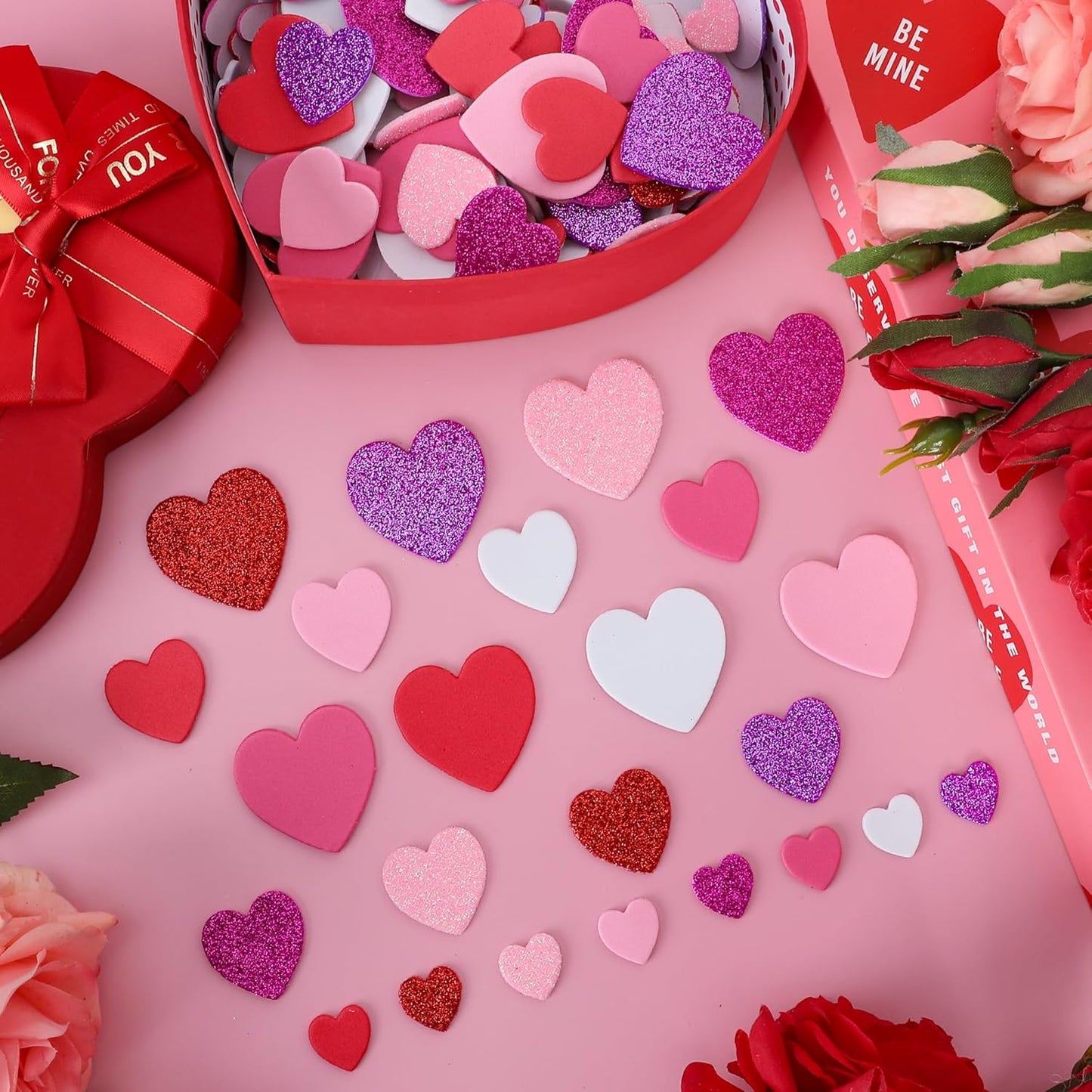 200 PCS Valentines Day Stickers, Foam Heart Valentine Decor, Self-Adhesive Foam Heart Stickers, 3 Sizes Foam Hearts for Crafts Glitter Foam Valentine Stickers for Envelop Invitations Card Making