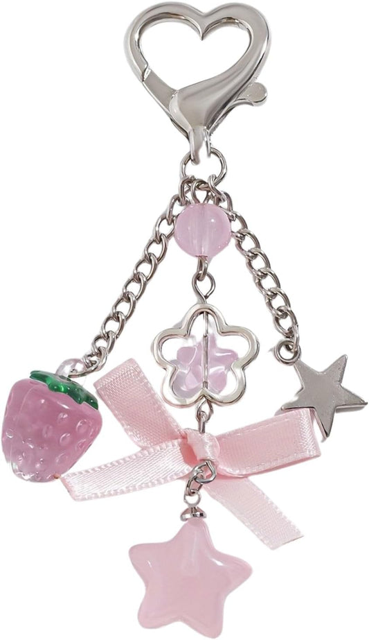 Cute Coquette Aesthetic Y2K Kawaii Keychain Strawberry Bow Star Pendants Keyrings Kawaii Accessories Keychain for Backpacks Purses Bags (Style 1)