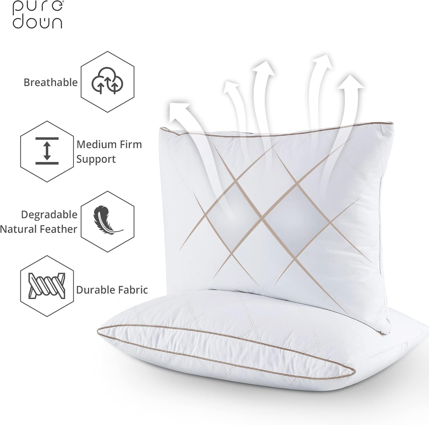 ® Natural Goose down Feather Pillows for Sleeping Oval Gusseted Feather down Pillow 100% Cotton Pillow Cover with Leaf Quilting King Set of 2