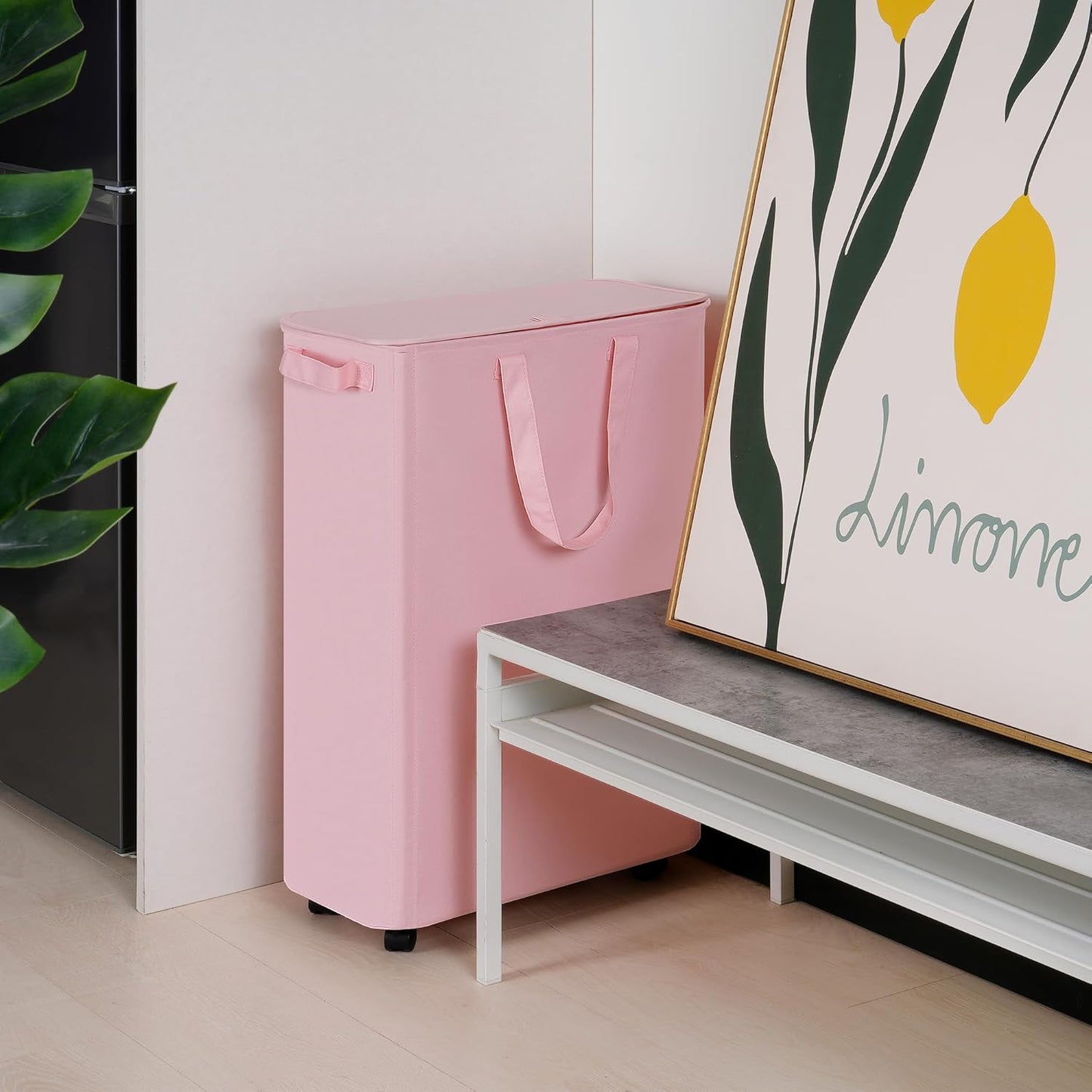 Slim Laundry Hamper with Lid and Wheels, Small Rolling Laundry Basket with Handle for Small Spaces, Tall Dirty Clothes Hampers for Dorm, Bathroom and Bedroom, 75L, Pink