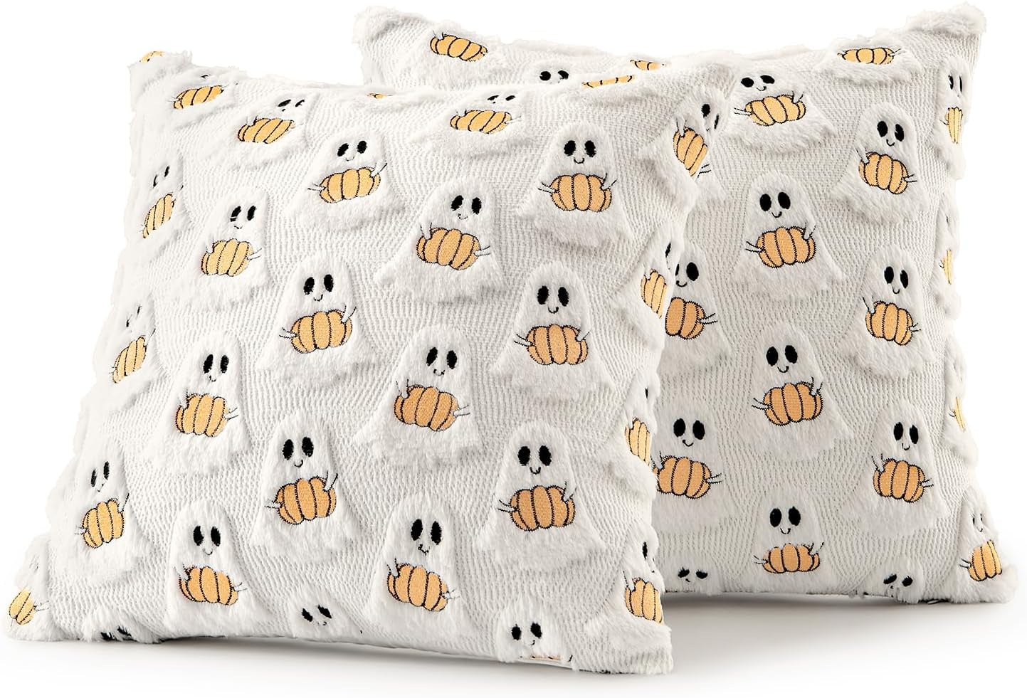 Halloween Pillow Covers Decorative Fall Cute Ghost Plush Faux Fur Pillows 18X18 Inch Set of 2 Soft Pumpkin Accents for Sofa Couch Bed Living Room Festive Home Decor, White Orange