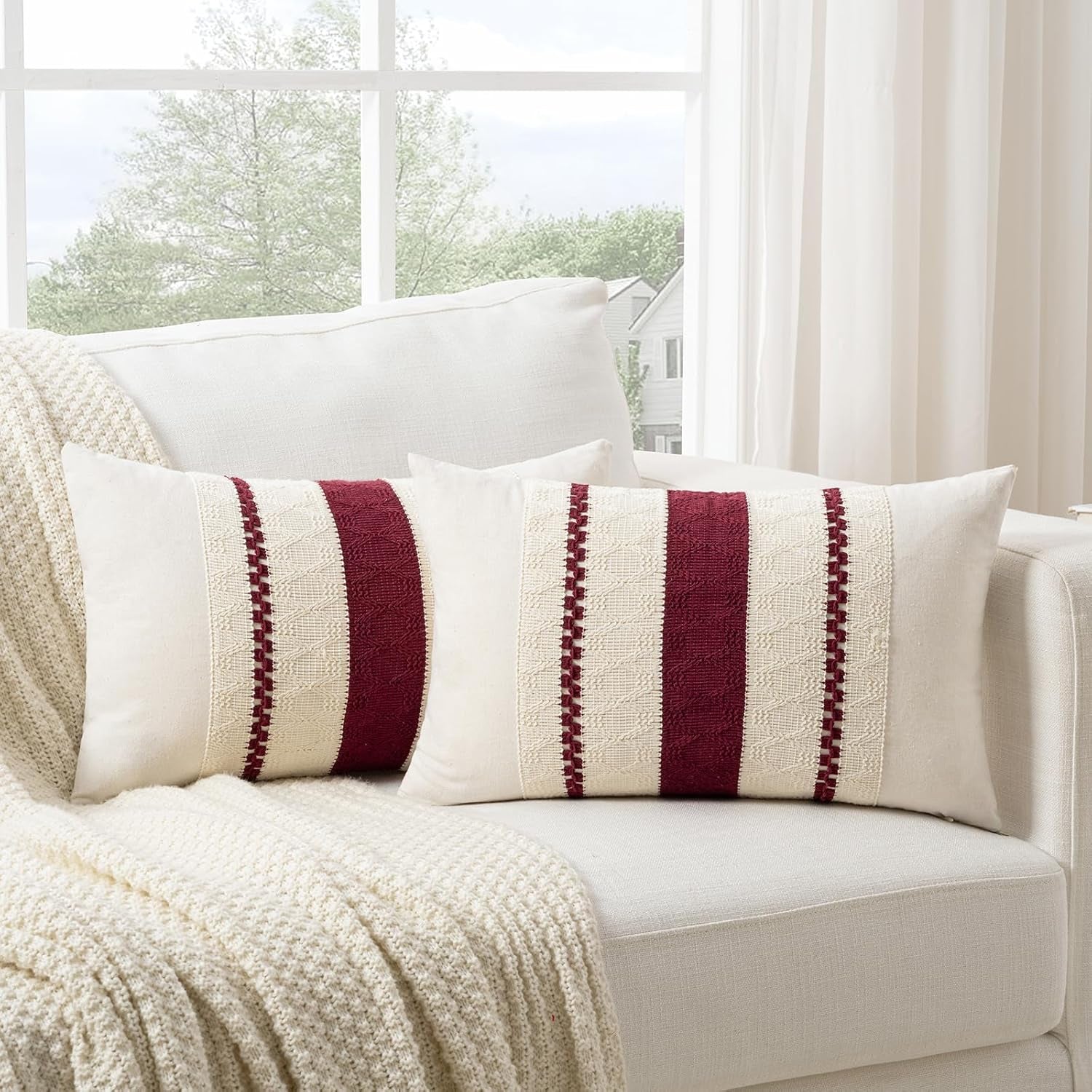 Set of 1 Burgundy Boho Long Lumbar Decorative Throw Pillow Cover 12X20 Inch for Couch Bed Sofa, Aesthetic Modern Farmhouse Christmas Room Decor, Soft Cotton Cute Wind Red Cushion Case