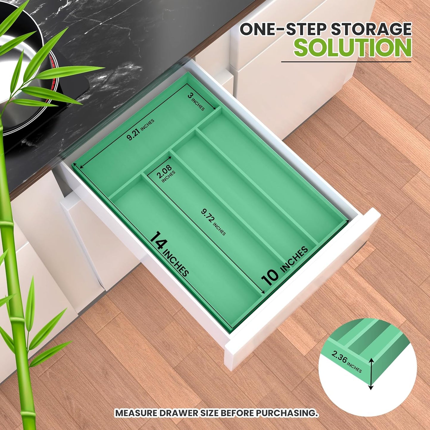 Silverware Organizer, Bamboo Utensil Drawer Organizer for Cutlery, Utensils & Flatware (5 Compartment, Mint) Pack of 1