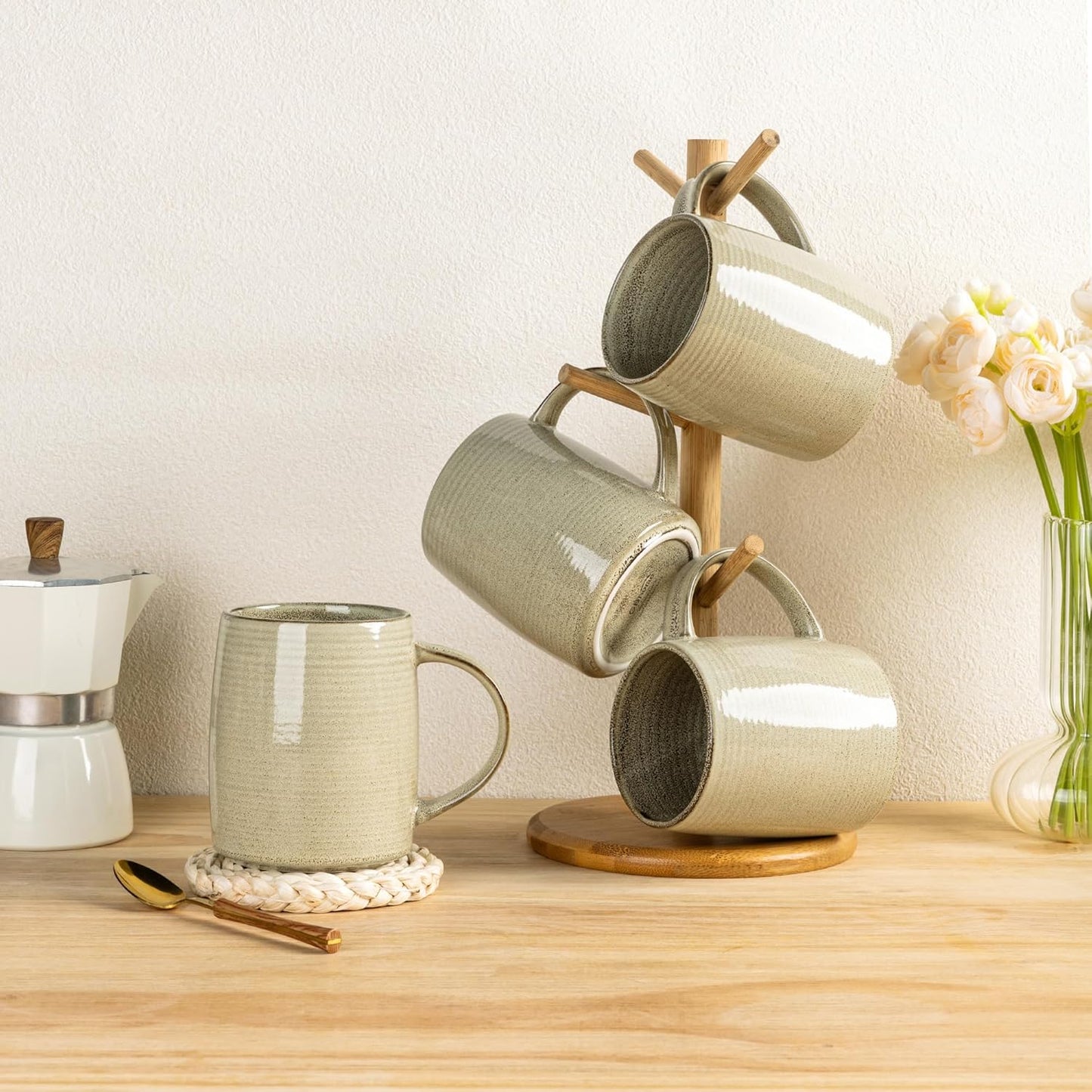 Set of 6 Handmade Ceramic 18oz Large Coffee Mugs with Gradient Color, Ideal for Latte, Tea, Beer, and Hot Cocoa, Dishwasher and Microwave Safe, Khaki