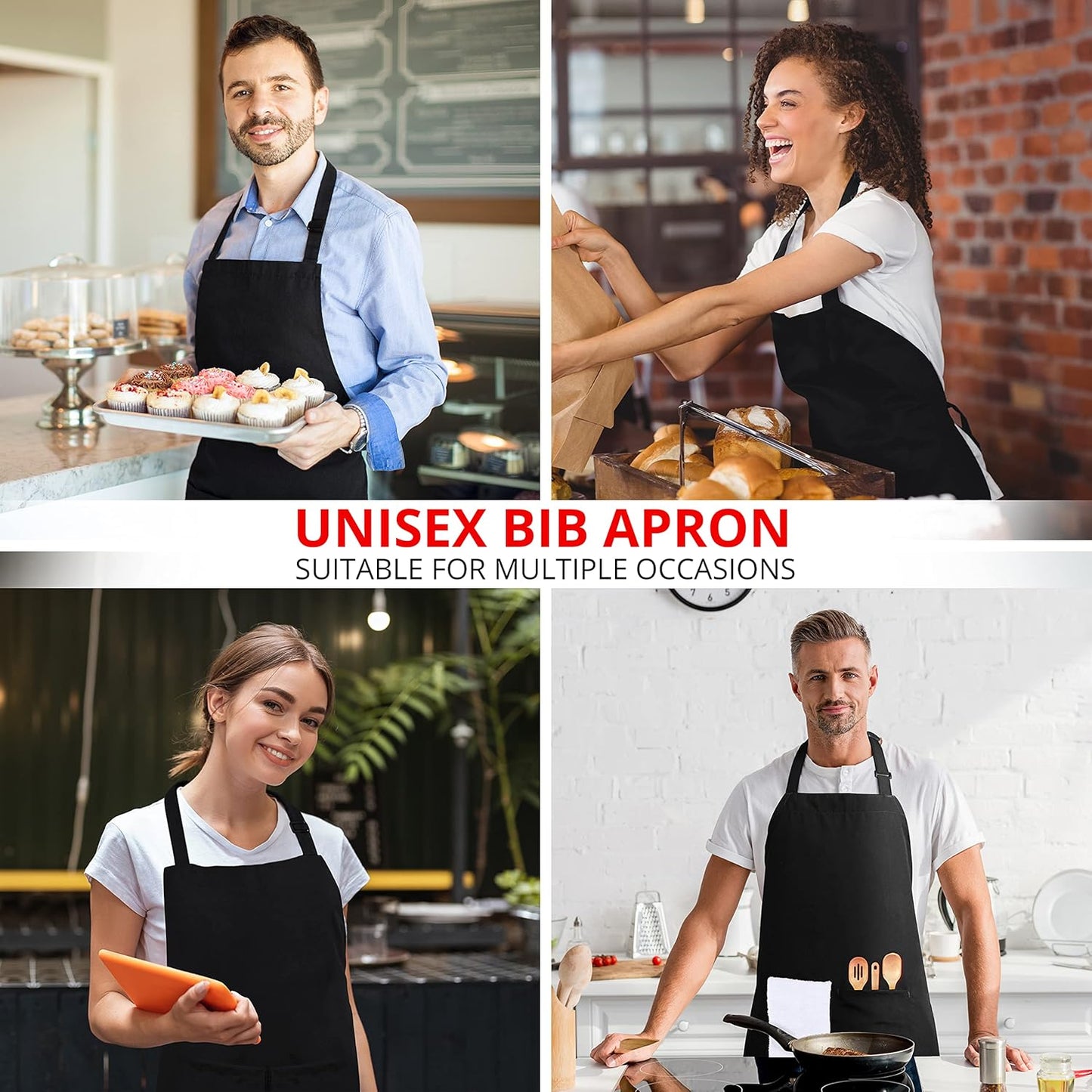 2 Pack Bib Apron, Adjustable with 2 Pockets, Water and Oil Resistant, Cooking Kitchen Chef Apron for Women Men