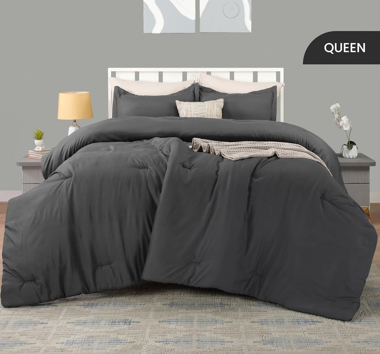 Queen Comforter Set Grey, Comforters Queen Size 3 Pieces Bedding Comforters Sets, down Alternative Soft Bed Set, 1 Comforter (88 X 88 Inches) 2 Pillow Shams (20 X 26 Inches)