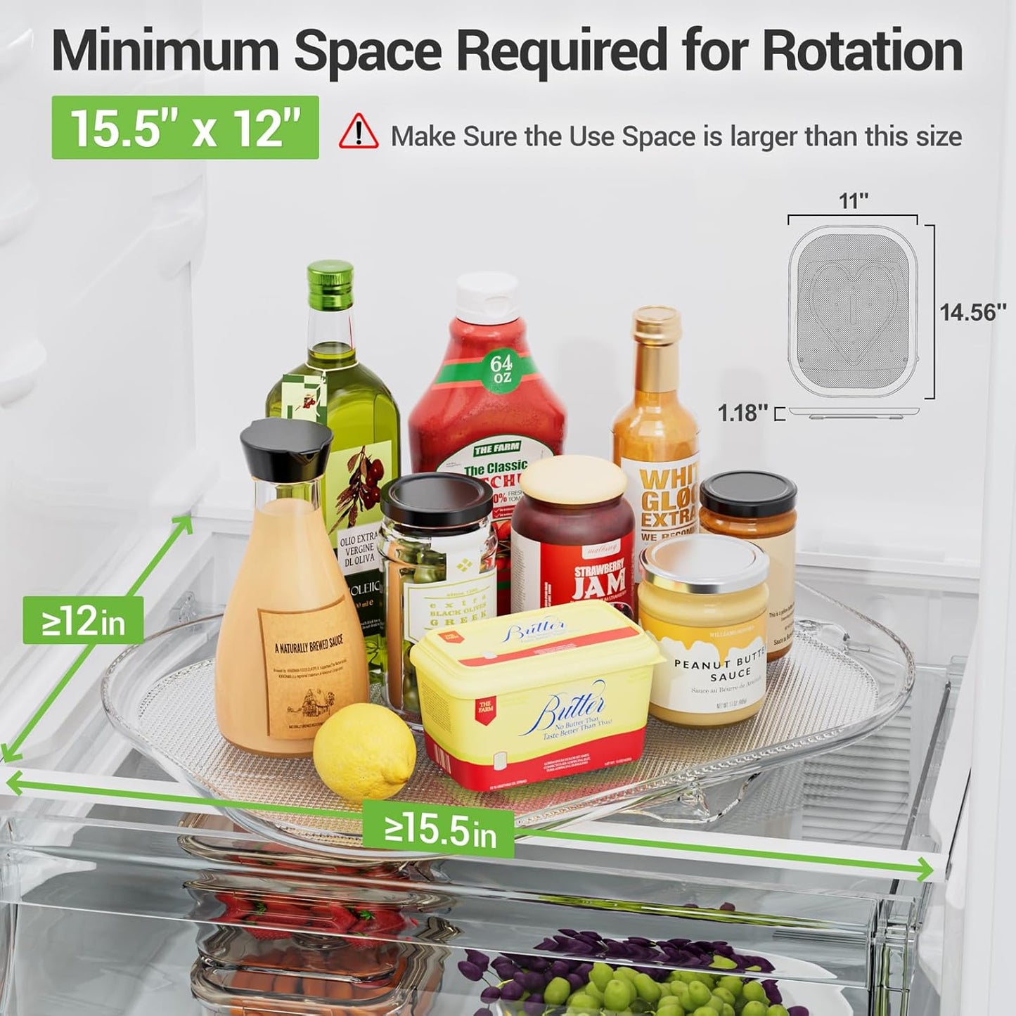 Lazy Susan Organizer 14.56''X11'' for Refrigerator Organizers and Storage Fridge Organization, Turntable Condiment Organizer for Kitchen, Table Top, Cabinet, Pantry, Countertop, 1 Pack