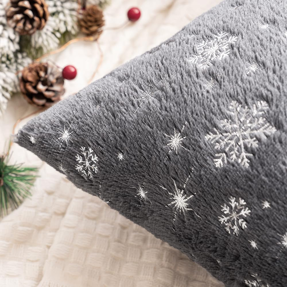 Set of 2 Christmas Decorative Throw Pillow Covers Soft Faux Fur Winter Pillow Covers with Silver Snowflake Glitter Holiday Festival Pillowcases for Couch Sofa Bed, 18×18Inch, Grey