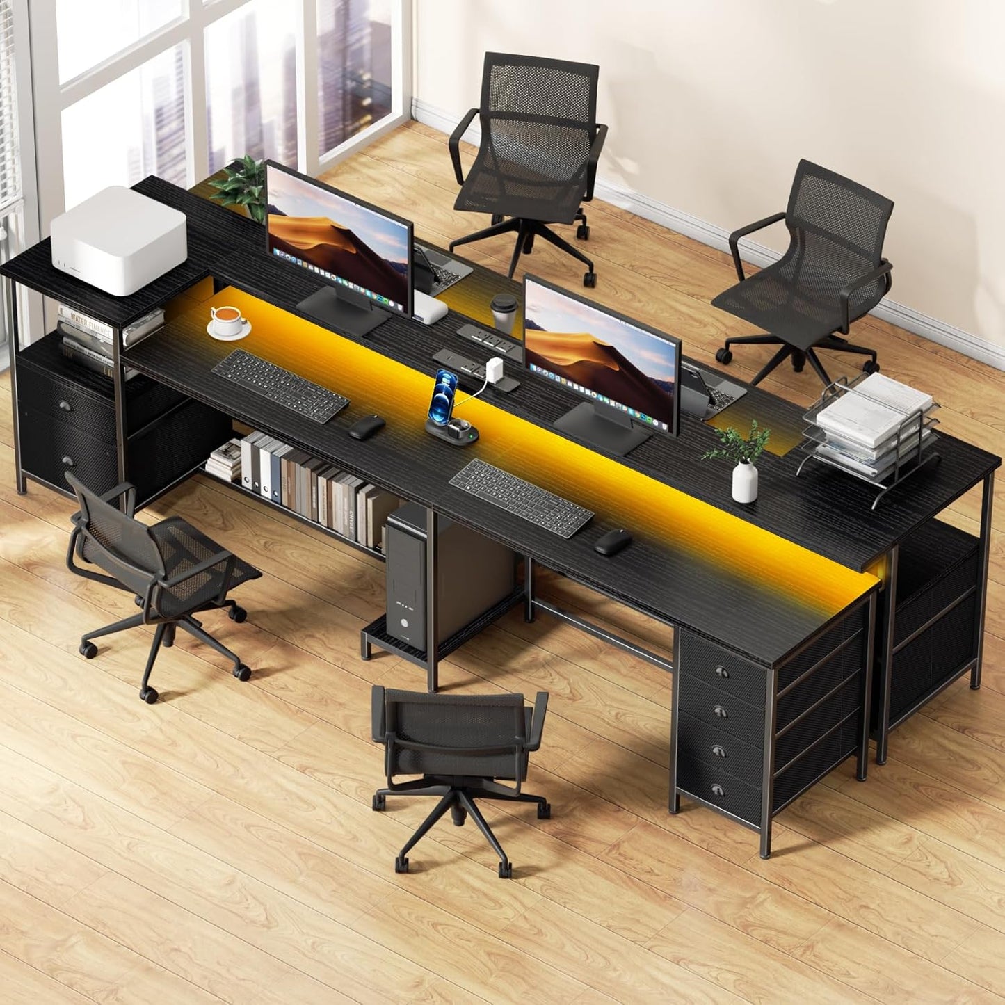 110 Inch 2 Person Desk, Long Two Person Gaming Desk with 6 Drawers & Storage Shelves, 66 Inch L-Shaped Desk with Power Outlets, LED Lights, Corner Table for Home Office, Black