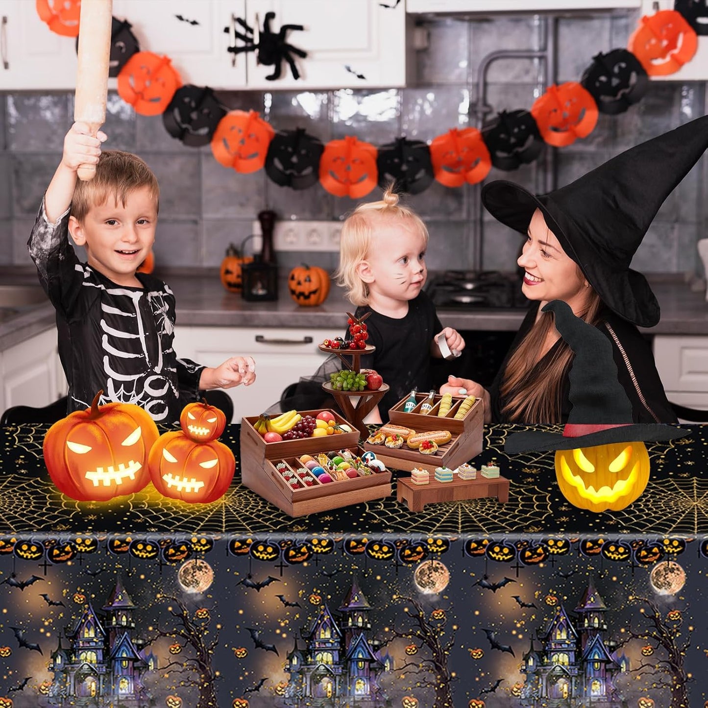 3 Packs Black Halloween Tablecloth 54 X 108 Inches Scary Castle Ghost Pumpkin Table Cloth Disposable Waterproof Plastic Bat Gold Spider Web Table Cover Trick or Treat for Halloween Party Dining