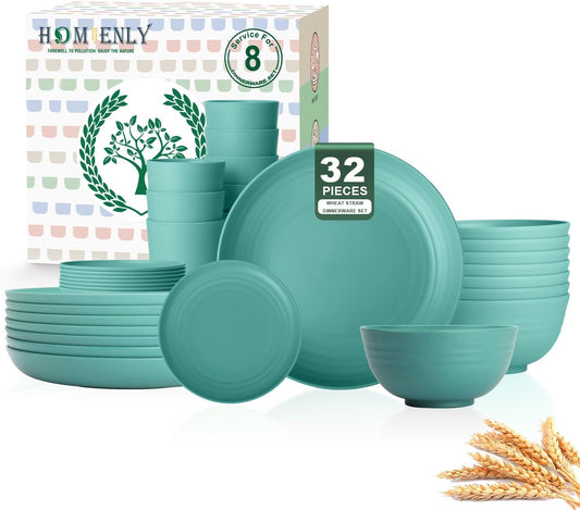 Wheat Straw 32-Piece Dinnerware Set for 8 - Durable and Lightweight Plates and Bowls for Camping, Outdoor Adventures, and RV Use, Microwave and Dishwasher Safe - Green