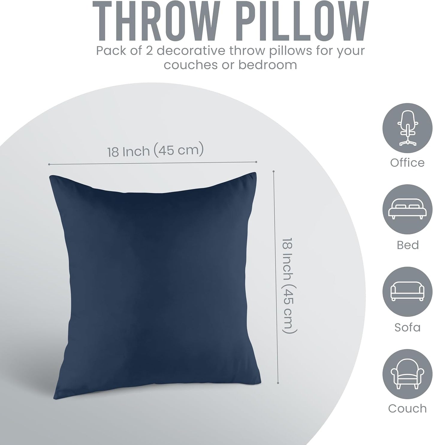 Throw Pillows Insert (Pack of 2, Navy) - 18 X 18 Inches Bed and Couch Pillows - Indoor Decorative Pillow