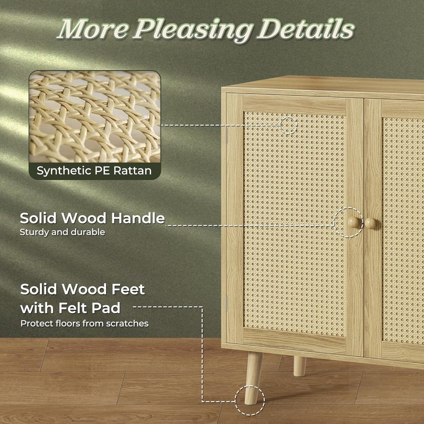 Buffet Cabinet with Storage and PE Rattan Decor Doors, Accent Sideboard with Solid Wood Legs for Hallway, Entryway, and Living Room in Natural Finish