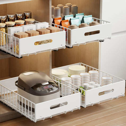 2 Pack Pull Out Cabinet Organizer, Slide Out Cabinet Drawers Peel and Stick Pull Out Drawers Heavy Duty Pull Out Shelf for Kitchen, Cupboard, Pantry, Bathroom (16.5" D*11.8" W*3.94" H-White)