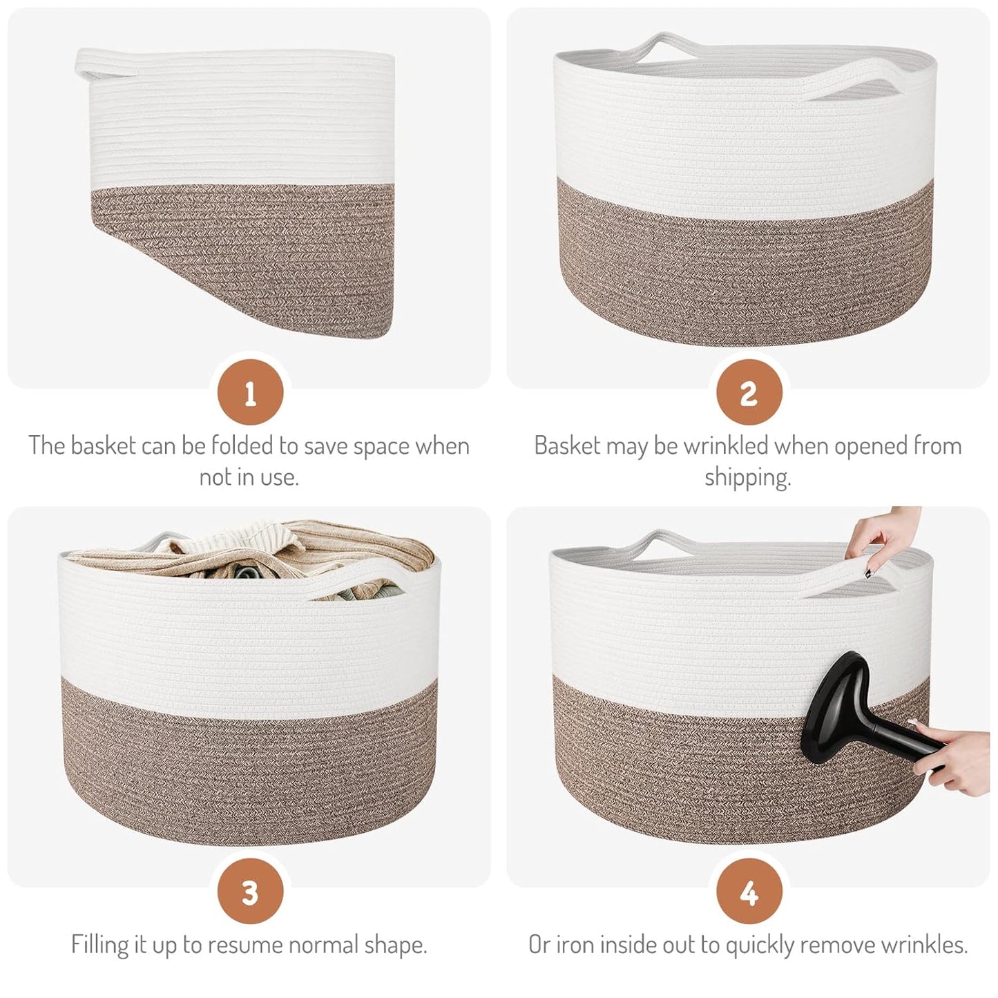 Storage Basket Large Cotton Rope Basket 21.7"X 21.7" X 13.8" with Handle Big Soft Nursery Cube Bin Laundry Hamper for Living Room(White/Brown)