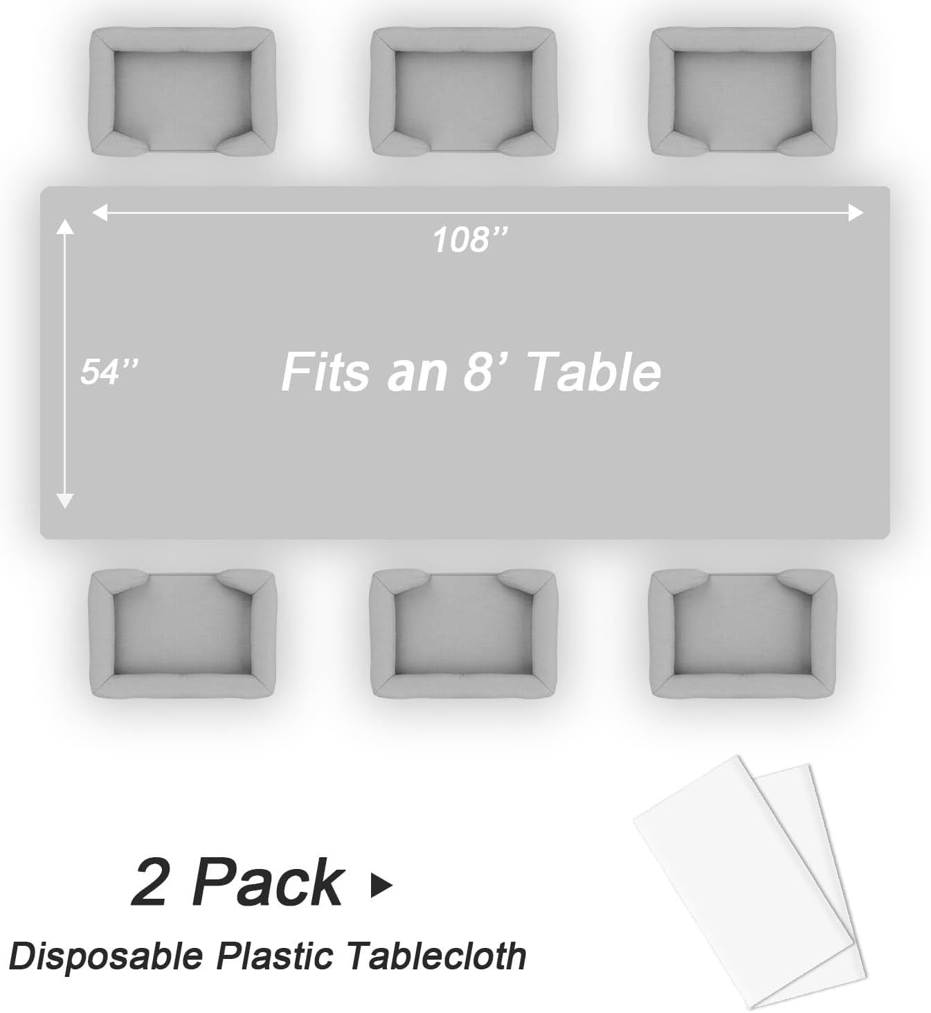 2 Pack Plastic Table Cloth Disposable, 54 X 108 Inch Tablecloths for Rectangle Tables, White Plastic Table Cover