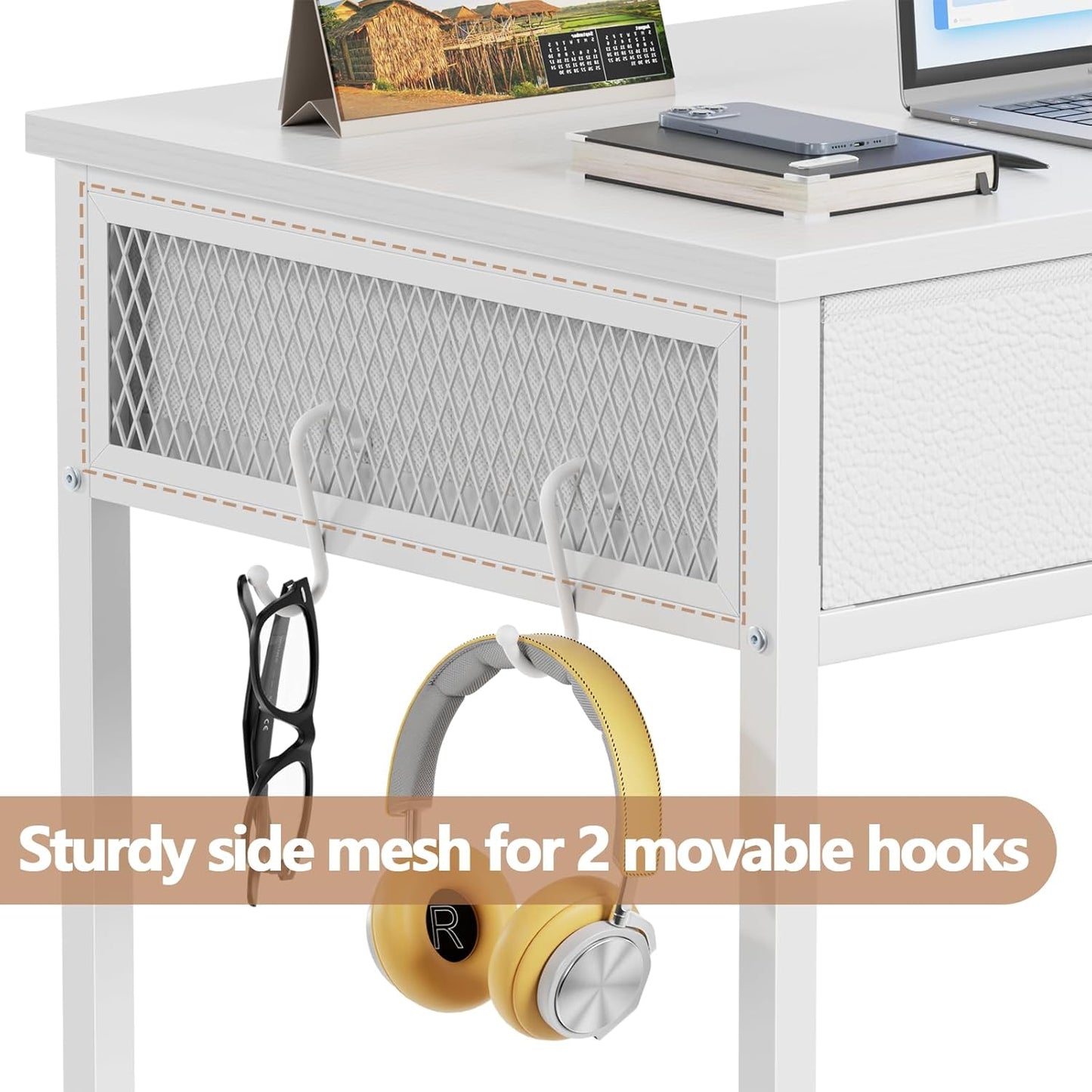 White Small Computer Desk with 2 Fabric Drawers for Bedroom,34 Inch Simple Home Office Writing Desk, Vanity Desk with Hooks, Study Table for Adults Student Small Spaces