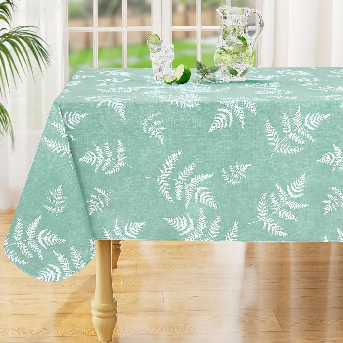 Rectangle Waterproof Vinyl Table Cloth, Wipeable Tablecloth with Flannel Backing, Plastic Table Cover for Dinner, Picnic, Indoor and Outdoor (Light Green Leaves, 60" X 84")