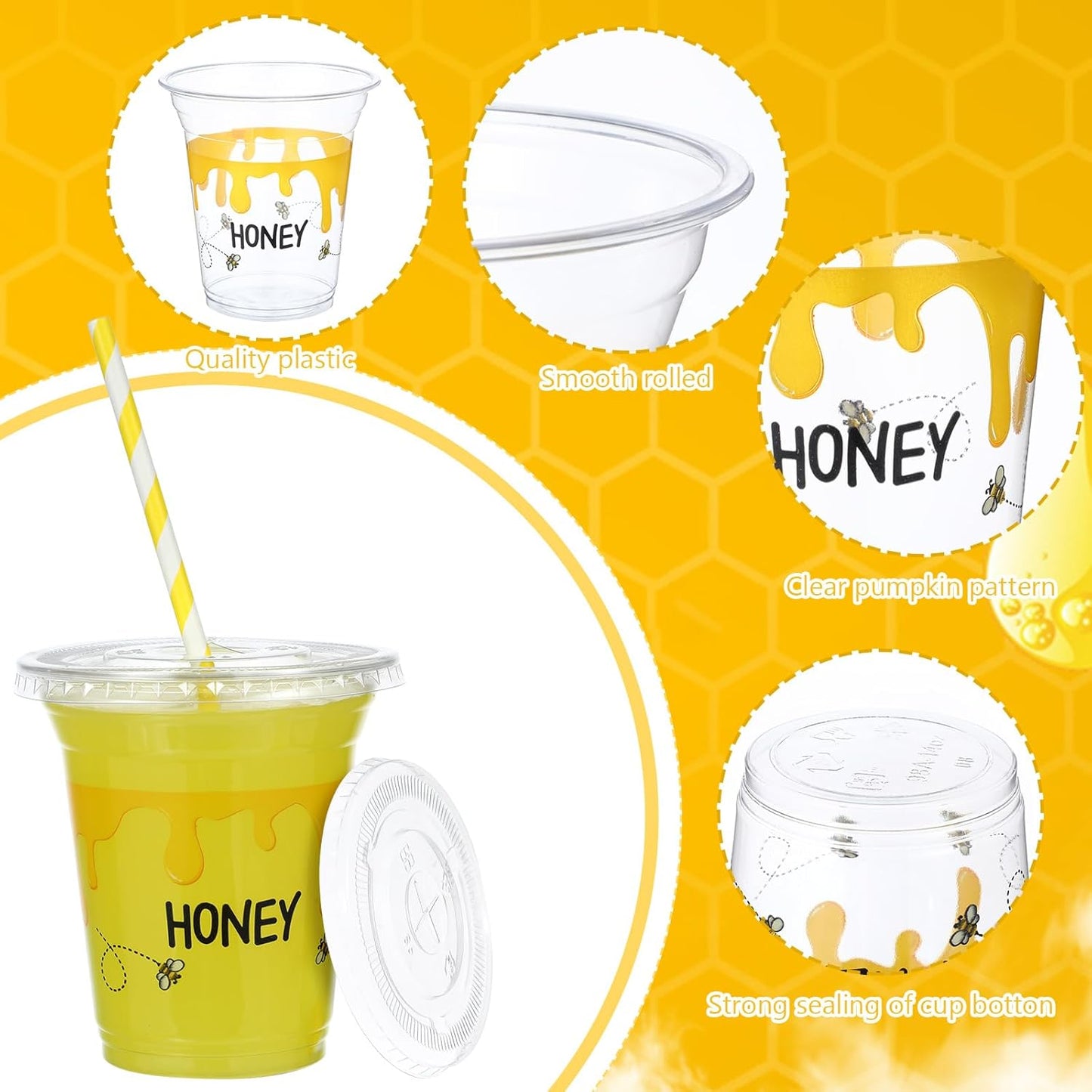 100-Pack 12 Oz Honey Bee Plastic Disposable Cups with Lids and Straws for Juice, Water, and Coffee - Ideal for Summer and Sports Parties
