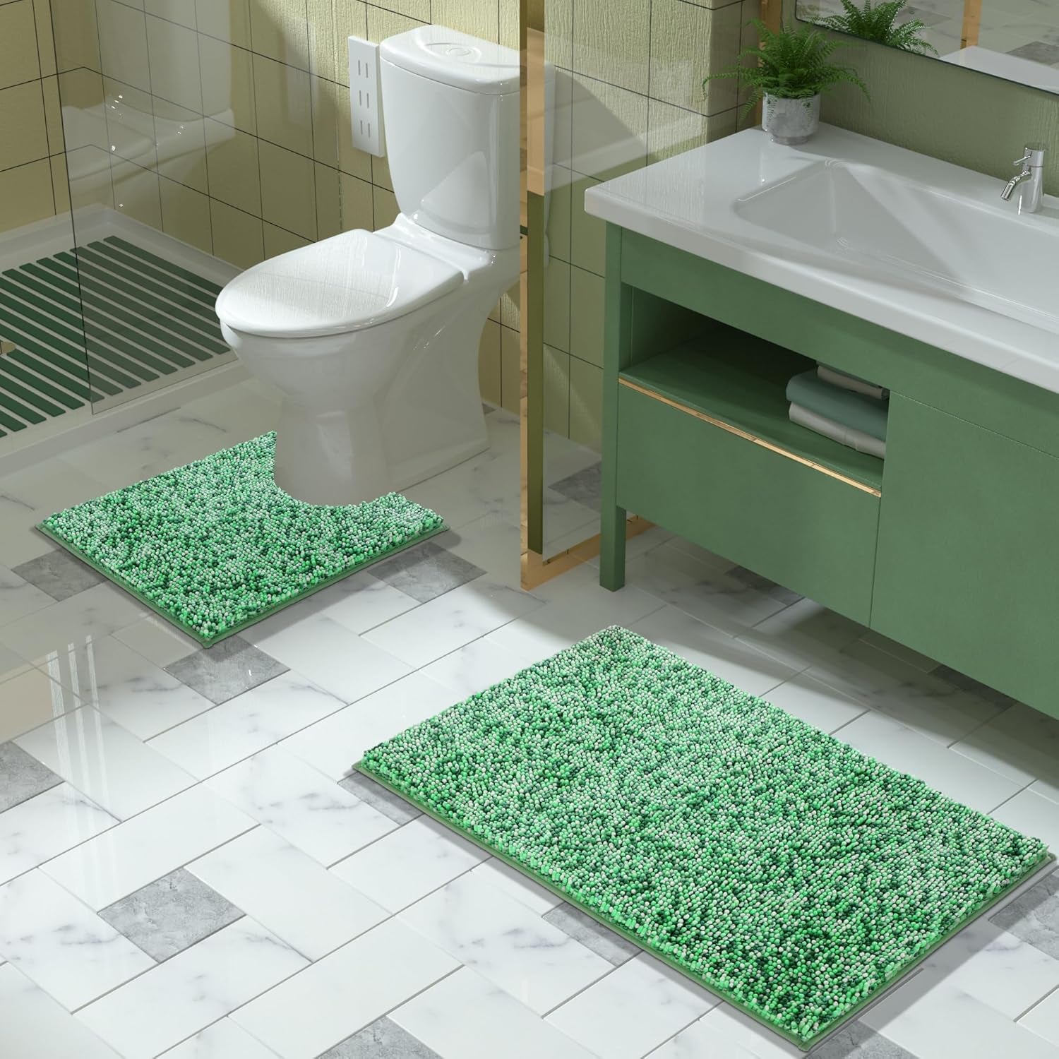 Luxury Chenille U-Shaped Toilet Rug, Super Soft Shaggy Contour Bath Mat for Bathroom Floor, Fluffy, Water Absorbent, Non Slip, Machine Washable, Dry Quickly, 24''X 20'', Light Green & Green