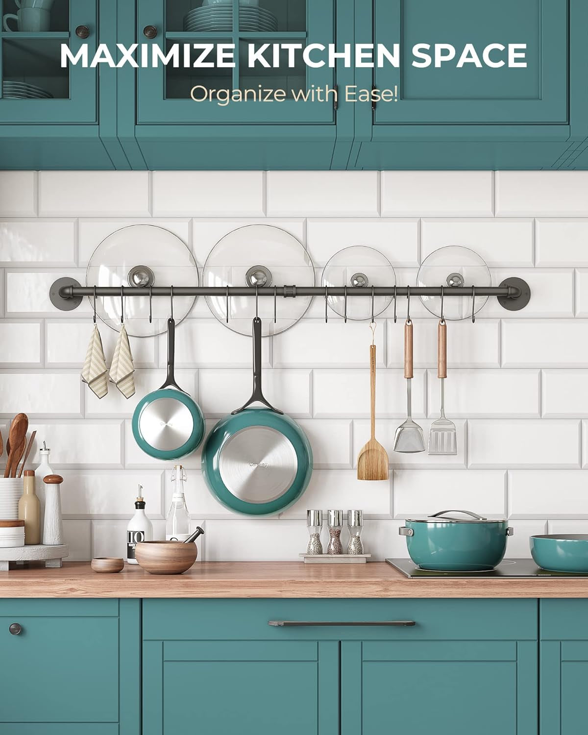 38 Inch Pot Bar Rack Wall Mounted Detachable Pans Hanging Rail Kitchen Lids Utensils Hanger with 14 S Hooks Black